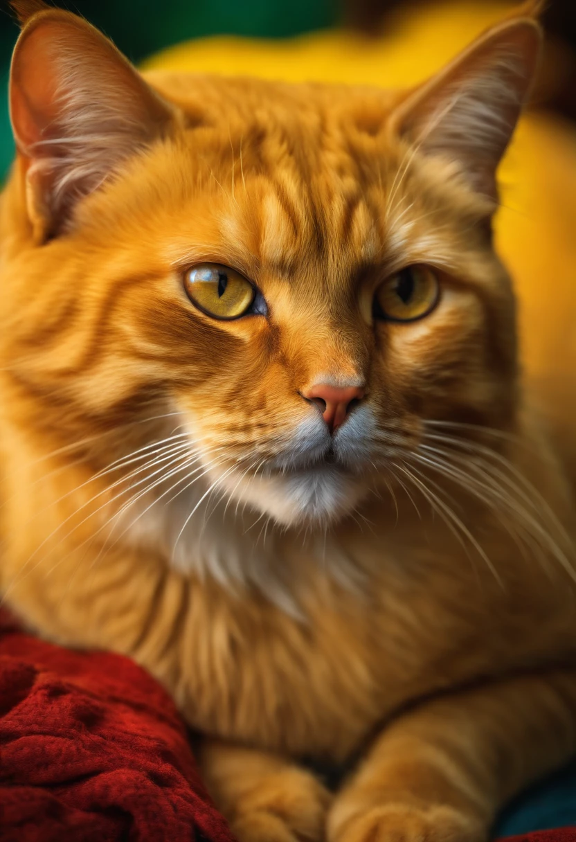 A yellow cat with a colorful background, regard vif