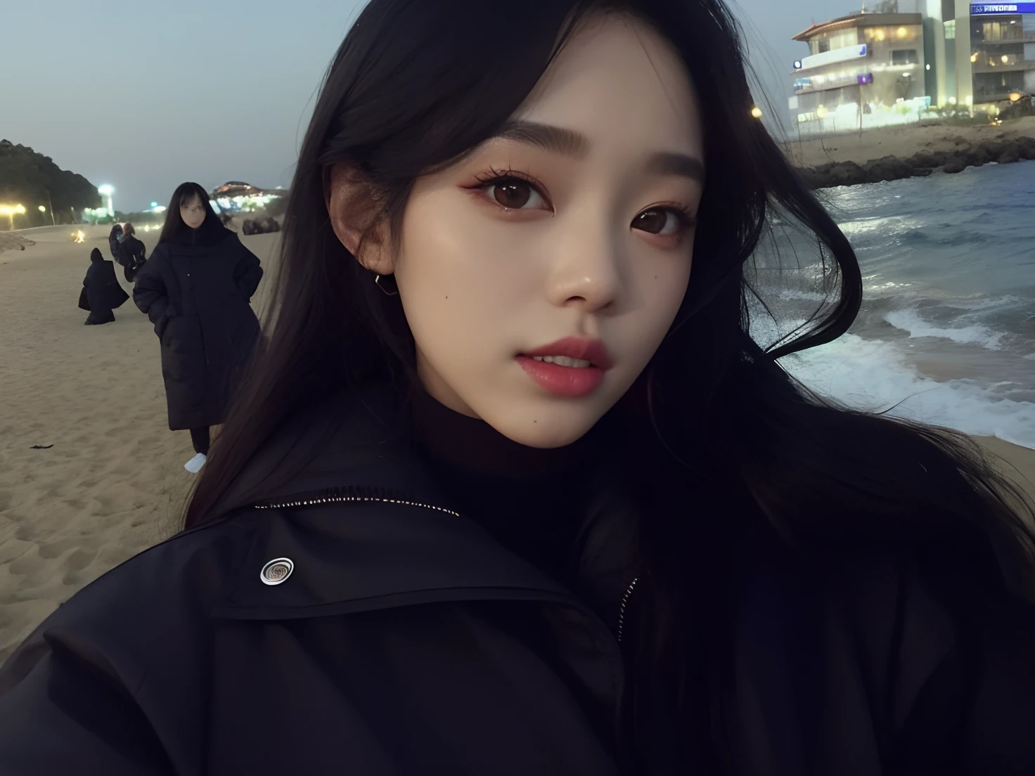 There's a woman standing on a beach with a black jacket, Ulzzang, menina coreana, Kim Doyoung, Jisoo do Blackpink, jisoo do blackpink, Mulher sul-coreana bonita, Dom Yunjoo, Jinyoung Canela, Retrato Jisoo Blackpink, Heonhwa Choe, Lee Ji-eun, Lee Ji - Eun, mulher coreana jovem bonita, linda mulher coreana jovem