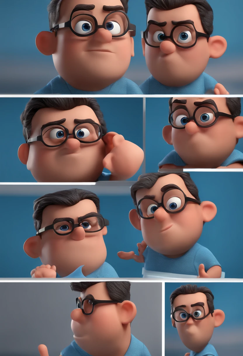 Cartoon character of a man with black glasses and a blue shirt, animation character, Caractere estilizado, animation style rendering, 3D estilizado, Arnold Maya render, 3 d render stylized, toon render keyshot, Personagem 3D, Personagem 3D, 3d rendering stylized, 3 d character render, personagem de desenho animado, Personagem de close up, Pose de personagem, (Estilo Pixar) (master part:1.2) (Bokeh) (best quality) (pele detalhada) (textura detalhada) (8k) (argila) (Cinematic lighting) (foco nítido