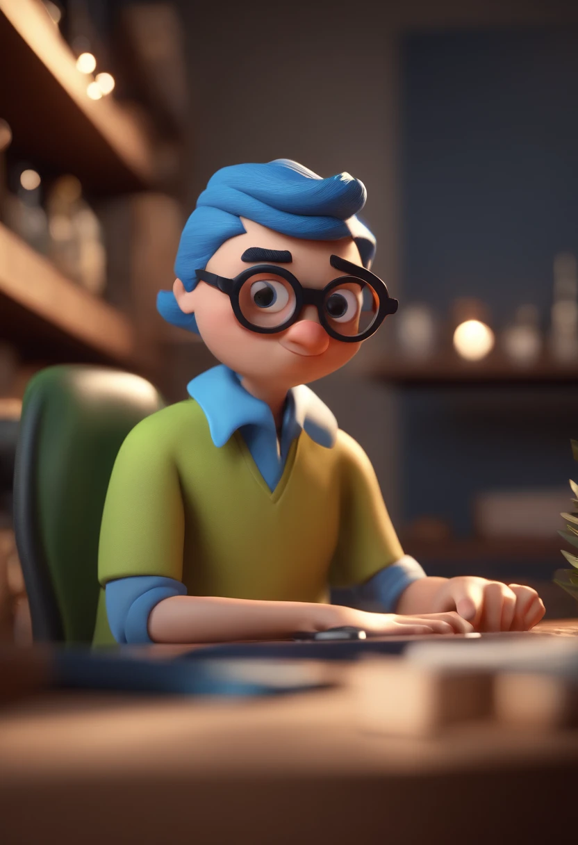 Cartoon character of a man with black glasses and a blue shirt, animation character, Caractere estilizado, animation style rendering, 3D estilizado, Arnold Maya render, 3 d render stylized, toon render keyshot, Personagem 3D, Personagem 3D, 3d rendering stylized, 3 d character render, personagem de desenho animado, Personagem de close up, Pose de personagem,  (Estilo Pixar) (master part:1.2) (Bokeh) (best quality) (pele detalhada) (textura detalhada) (8k) (argila) (Cinematic lighting) (foco nítido