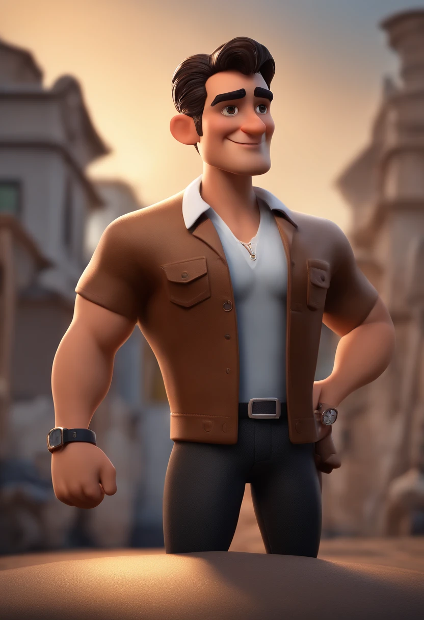 Usar a foto como parametro. Cartoon character of a dark brunette man wearing white shirt and black pants, silver watch, rosto quadrado, um personagem animado, Caractere estilizado, animation style rendering, 3D estilizado, Arnold Maya render, 3 d render stylized, toon render keyshot, Personagem 3D, Personagem 3D, 3d rendering stylized, 3 d character render, personagem de desenho animado, Personagem de close up, Pose de personagem, (Estilo Pixar) (master part:1.2) (Bokeh) (melhor qualidade) (pele detalhada) (textura detalhada) (8k) (argila) (Cinematic lighting) (foco nítido,Senta e vaza a parte superior do corpo