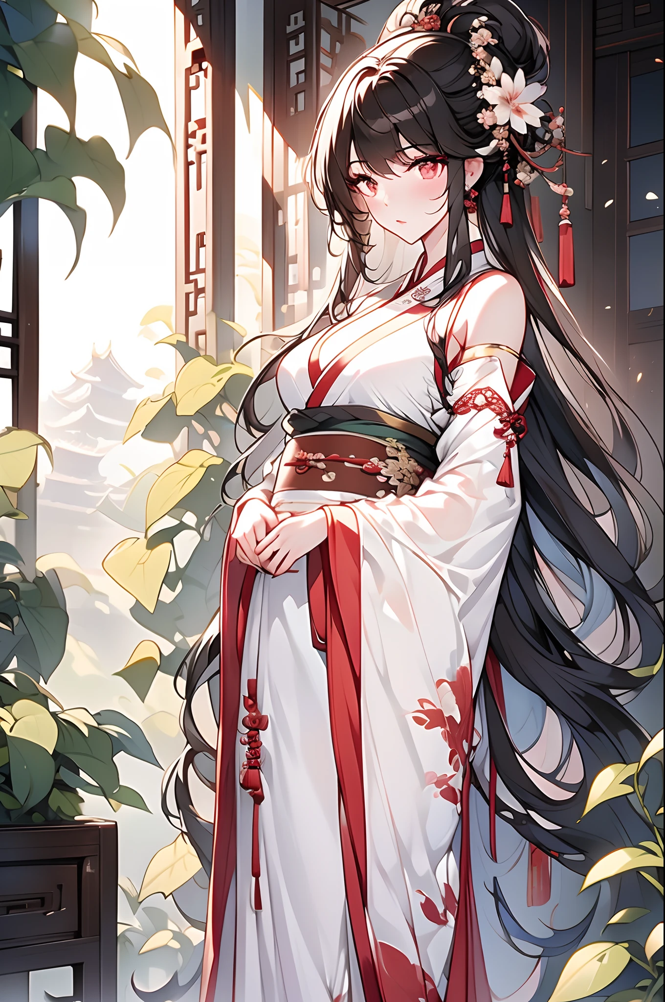 1girll, 独奏,Chinese clothes,Hanfu,(lusciouslips),full bodyesbian,tmasterpiece, best qualityer, 8K, cinematric light, 超高分辨率, chinese paintings, florals, hair adornments, white backgrounid, brunette color hair, hairflower, Chinese art, Hanfu, section, long whitr hair, obi strip, The upper part of the body,Hanfu、jewelry、longer sleeves、耳Nipple Ring