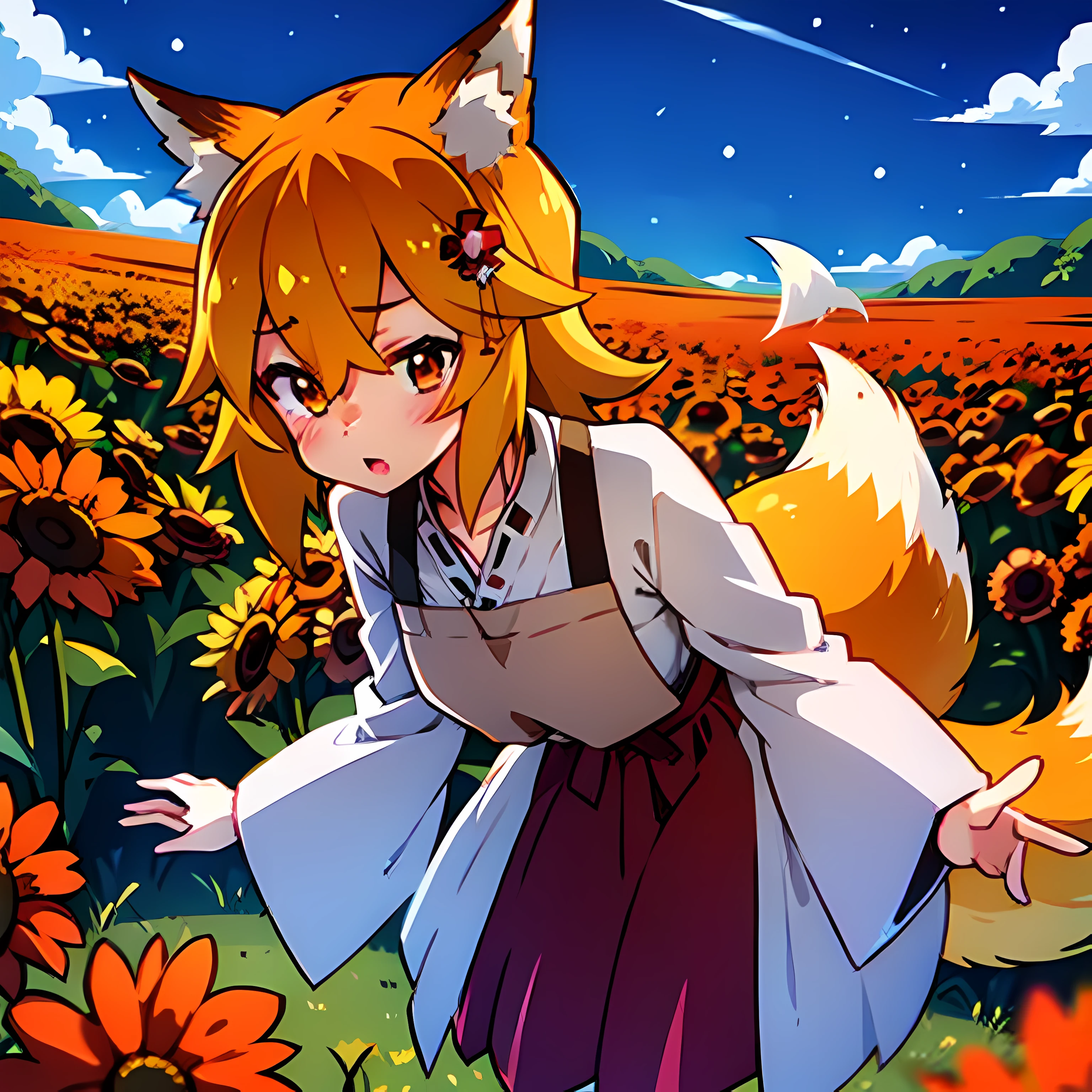 1 girl, Fox Girl, redhead hair, Detailed girl, Girl 4K, Flower fields, Beautiful Colors of Flowers