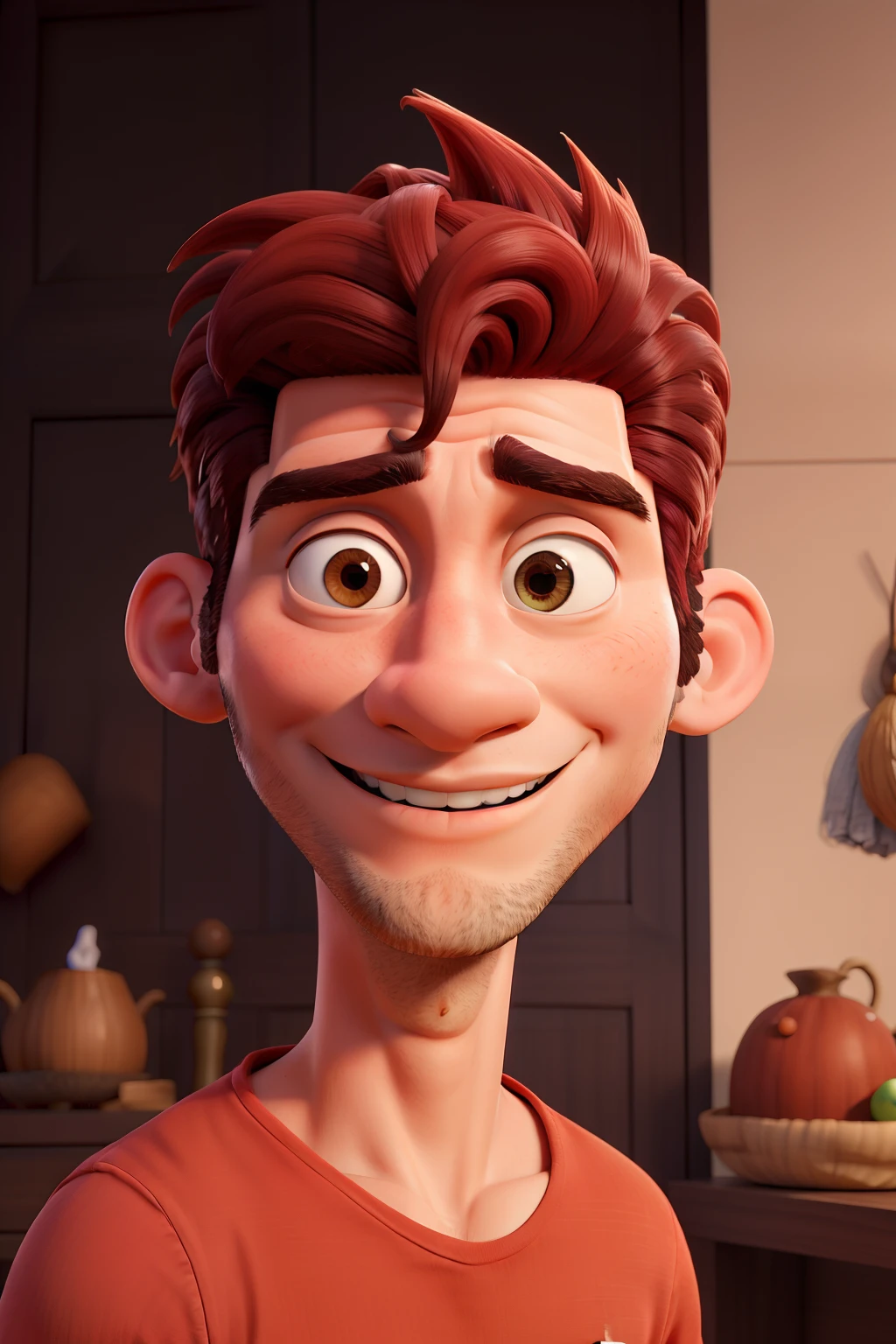 master part, best quality, Homem legal, Banking, usando uma gravata vermelha, Handsome, detalhes faciais, Asian nose, olhos castanhos, sorriso doce, arrojado e bonito, sentado em uma cadeira, rosto radiante e feliz, cabelos arrumados e levemente cacheados