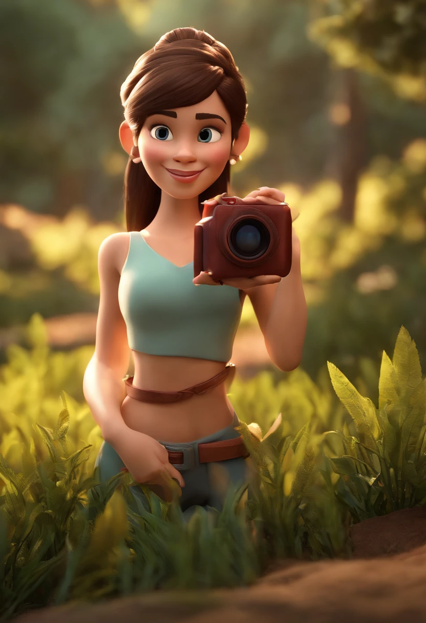Personagem de desenho animado de uma mulher 3D com e uma camisa branca fria, animation character, Caractere estilizado, animation style rendering, 3D estilizado, Arnold Maya render, 3 d render stylized, toon render keyshot, Personagem 3D, Personagem 3D, 3d rendering stylized, 3 d character render, personagem de desenho animado, Personagem de close up, Pose de personagem,uma fotografa, com uma camera nas maos ,tirando fotos com camera (Estilo Pixar) (master part:1.2) (Bokeh) (best quality) (pele detalhada) (textura detalhada) (8k) (argila) (Cinematic lighting) (foco nítido