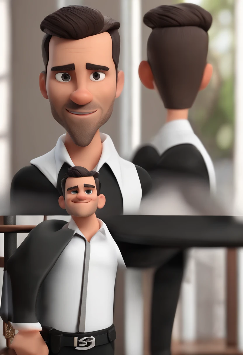 Cartoon character of a dark brunette man wearing white shirt and black pants, silver watch, rosto quadrado, um personagem animado, Caractere estilizado, animation style rendering, 3D estilizado, Arnold Maya render, 3 d render stylized, toon render keyshot, Personagem 3D, Personagem 3D, 3d rendering stylized, 3 d character render, personagem de desenho animado, Personagem de close up, Pose de personagem, (Estilo Pixar) (master part:1.2) (Bokeh) (best quality) (pele detalhada) (textura detalhada) (8k) (argila) (Cinematic lighting) (foco nítido,Senta e vaza a parte superior do corpo