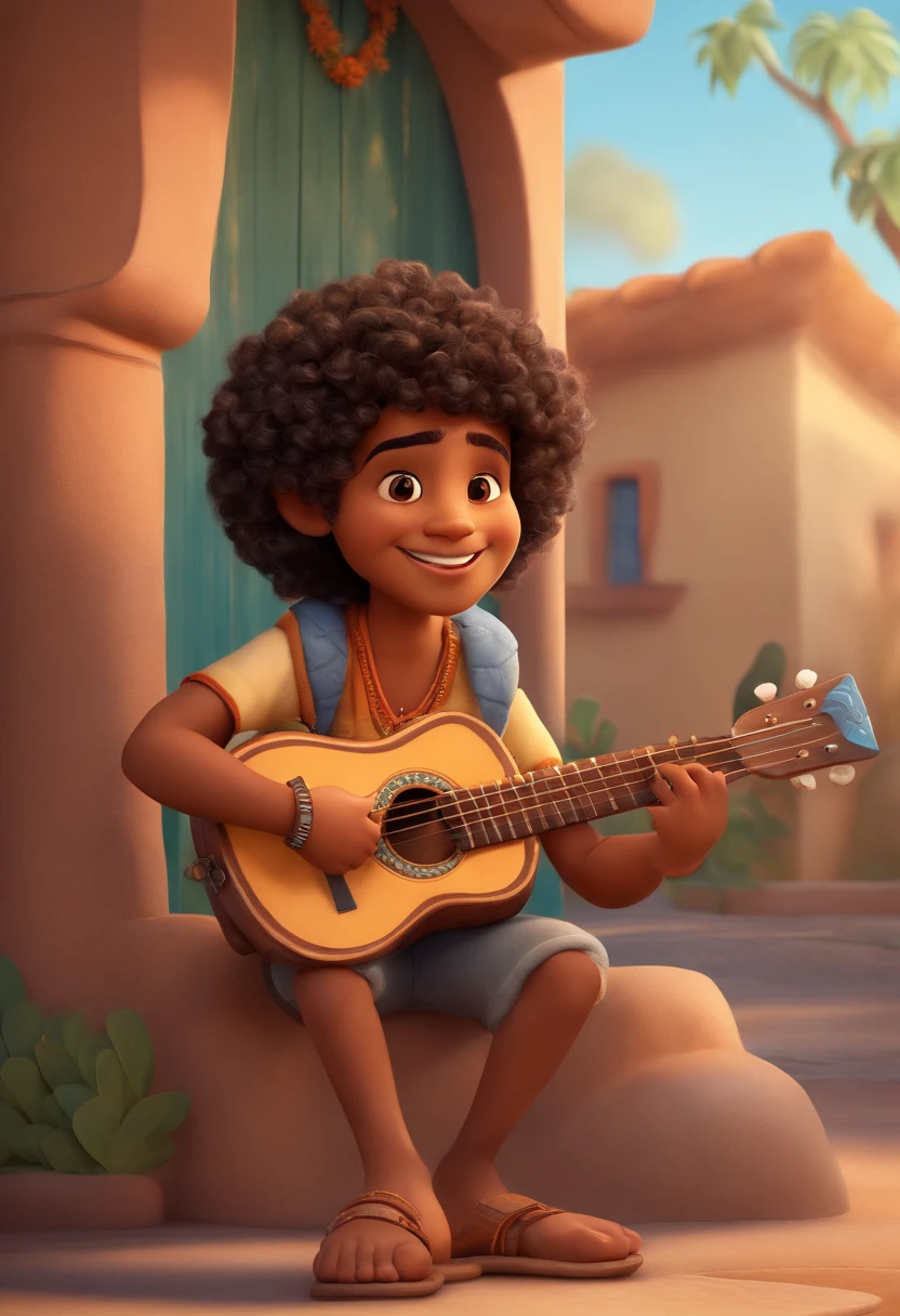 crie um banner no estilo Pixar. A boy with Indian features, moreno pardo com cabelos curtos, Castanhos escuros, Curly and slightly grayish appearance, mas jovem, usando uma camiseta, Wearing jeans and holding a classical guitar with 7 strings.