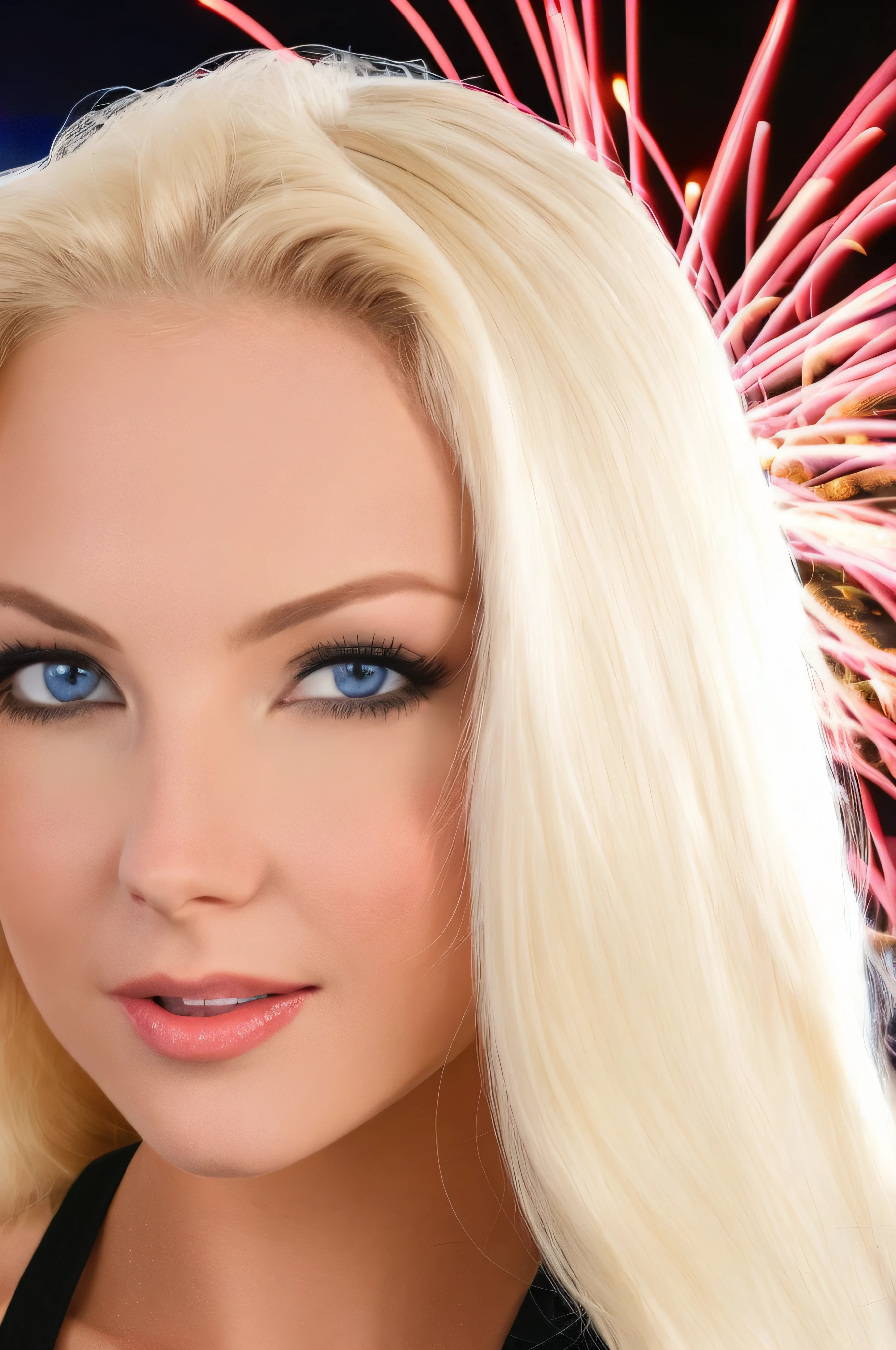 veronika simon xl, 1girl, closed, mouth, blonde hair, blue eyes, pale skin, out doors, fireworks, face focus, close up, wearing casual clothing, anatomically correct, masterpiece, best high quality, ultra details, RAW Photo, perfect anatomy, 4k, 8k, quality lighting,