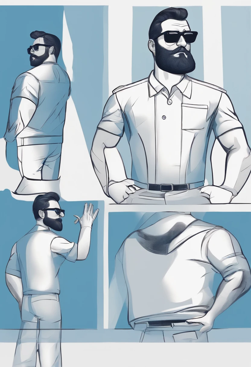 Personagem de desenho animado de um homem barbudom=, barba preta quadrada, wearing black glasses, oculos preto e quadrado, e uma camisa azul, um personagem animado, Caractere estilizado, animation style rendering, 3D estilizado, willian cruz corretor de imoveis, 3 d render stylized, toon render keyshot, Personagem 3D, Personagem 3D, 3d rendering stylized, 3 d character render, personagem de desenho animado, Personagem de close up, Pose de personagem, (Estilo Pixar) (master part:1.2) (Bokeh) (melhor qualidade) (pele detalhada) (textura detalhada) (8k) (argila) (Cinematic lighting) (foco nítido,Senta e vaza a parte superior do corpo