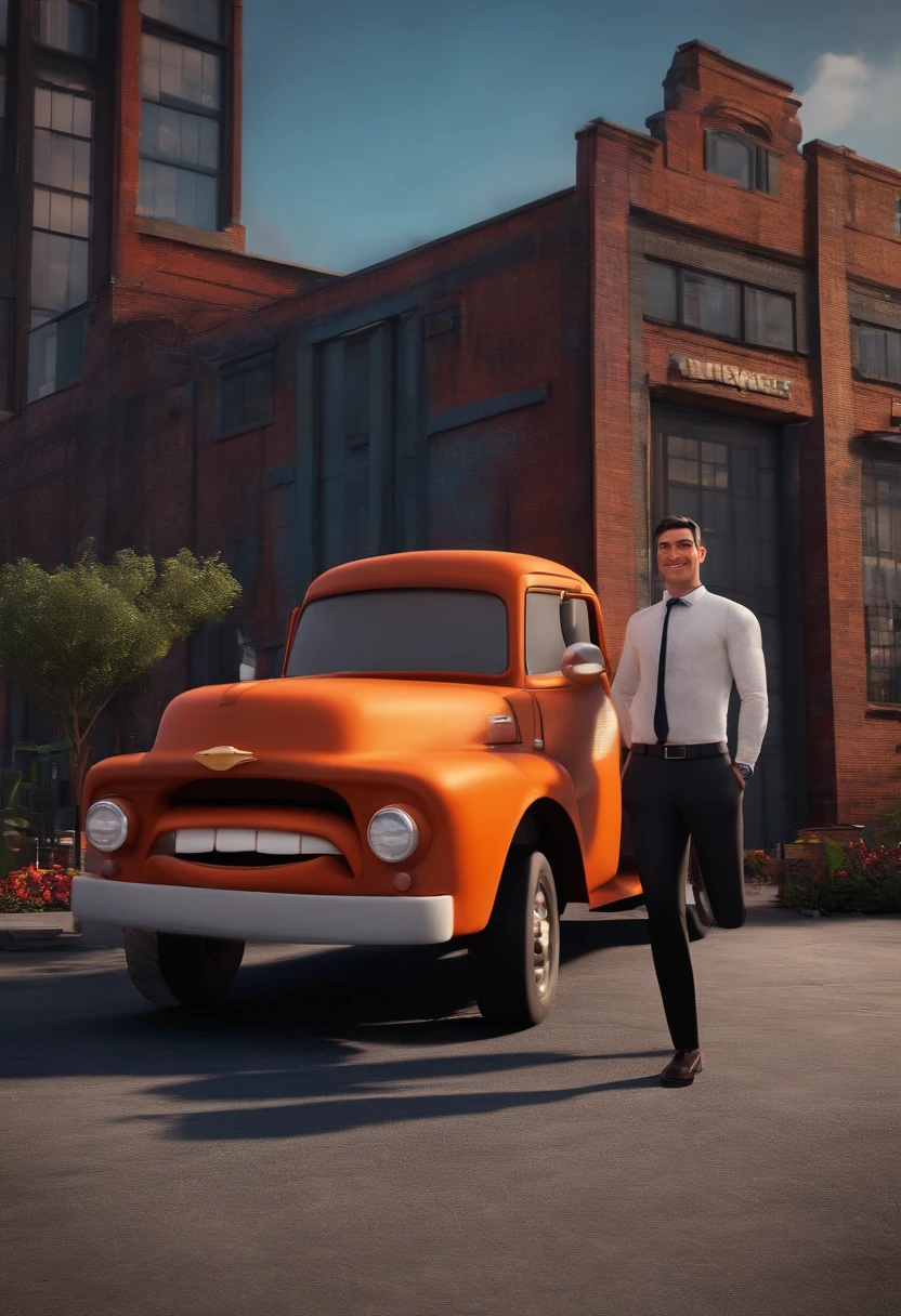 Happy Slim Black Short Hair Man In Front Of Sofa Factory With Truck Businessman Disney Pixar 3D Effect