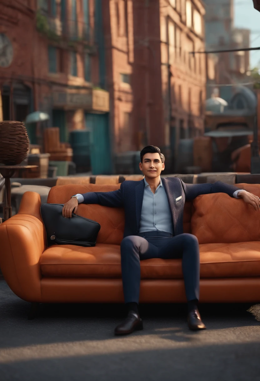 Happy Slim Black Short Hair Man In Front Of Sofa Factory With Truck Businessman Disney Pixar 3D Effect