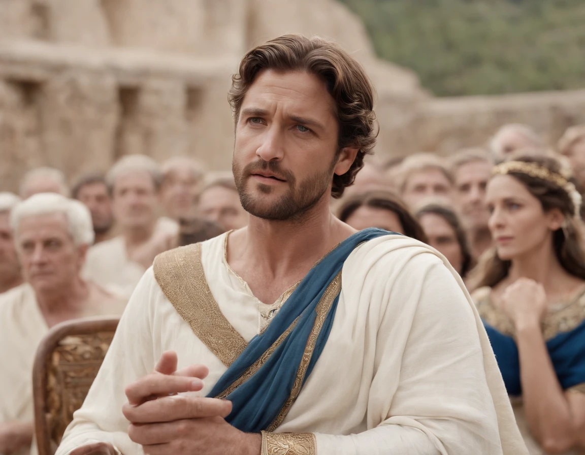 A Man Orator in Ancient Greece Speaking to a Seated Crowd. colunas gregas ao fundo, Ancient and classic pre-Christ garments, Gerard Butler novo, white tunic and blue, vestes gregas, Hellenistic,