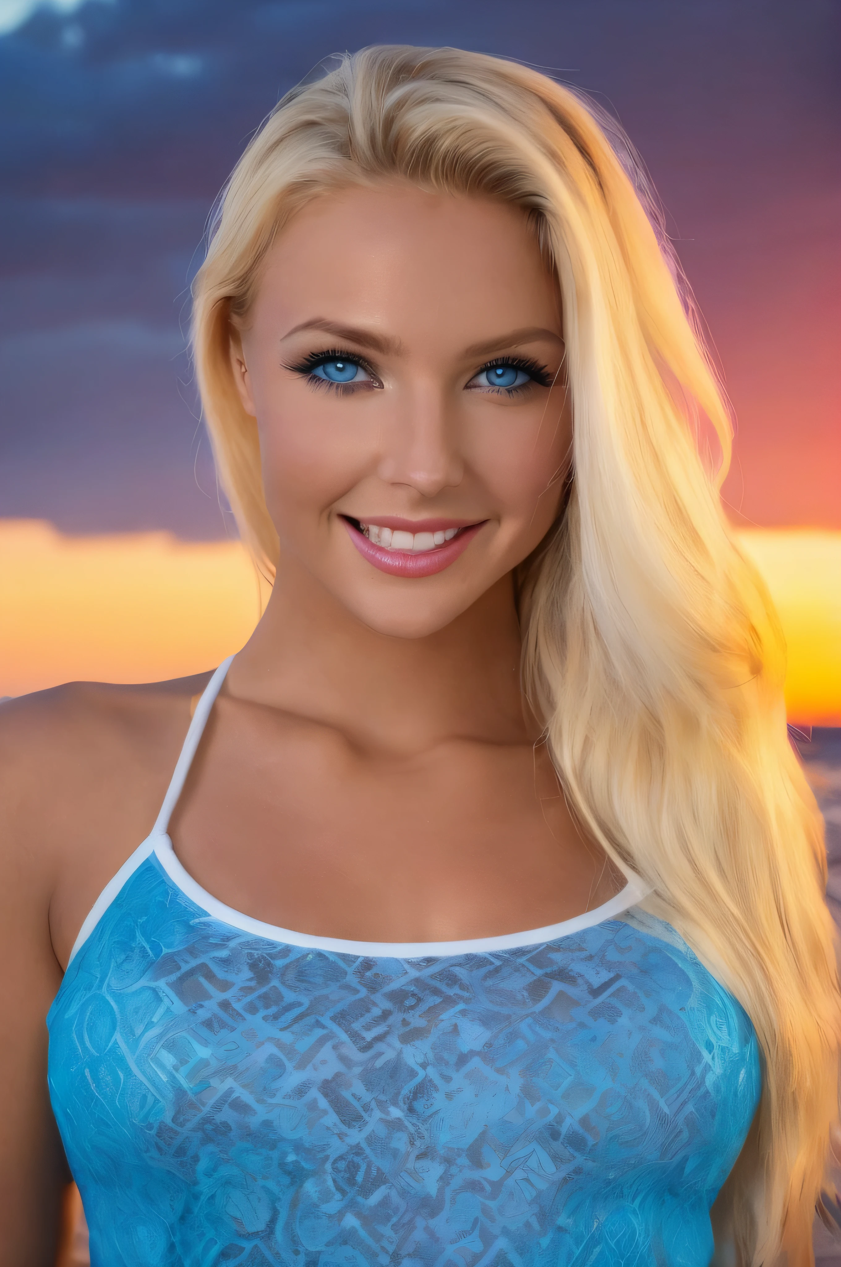 veronika simon xl, 1girl, smiling, blonde hair, blue eyes, on a beach, face focus, close up, sunset, wearing casual clothing, anatomically correct, masterpiece, best high quality, ultra details, RAW Photo, perfect anatomy, 4k, 8k, quality lighting,