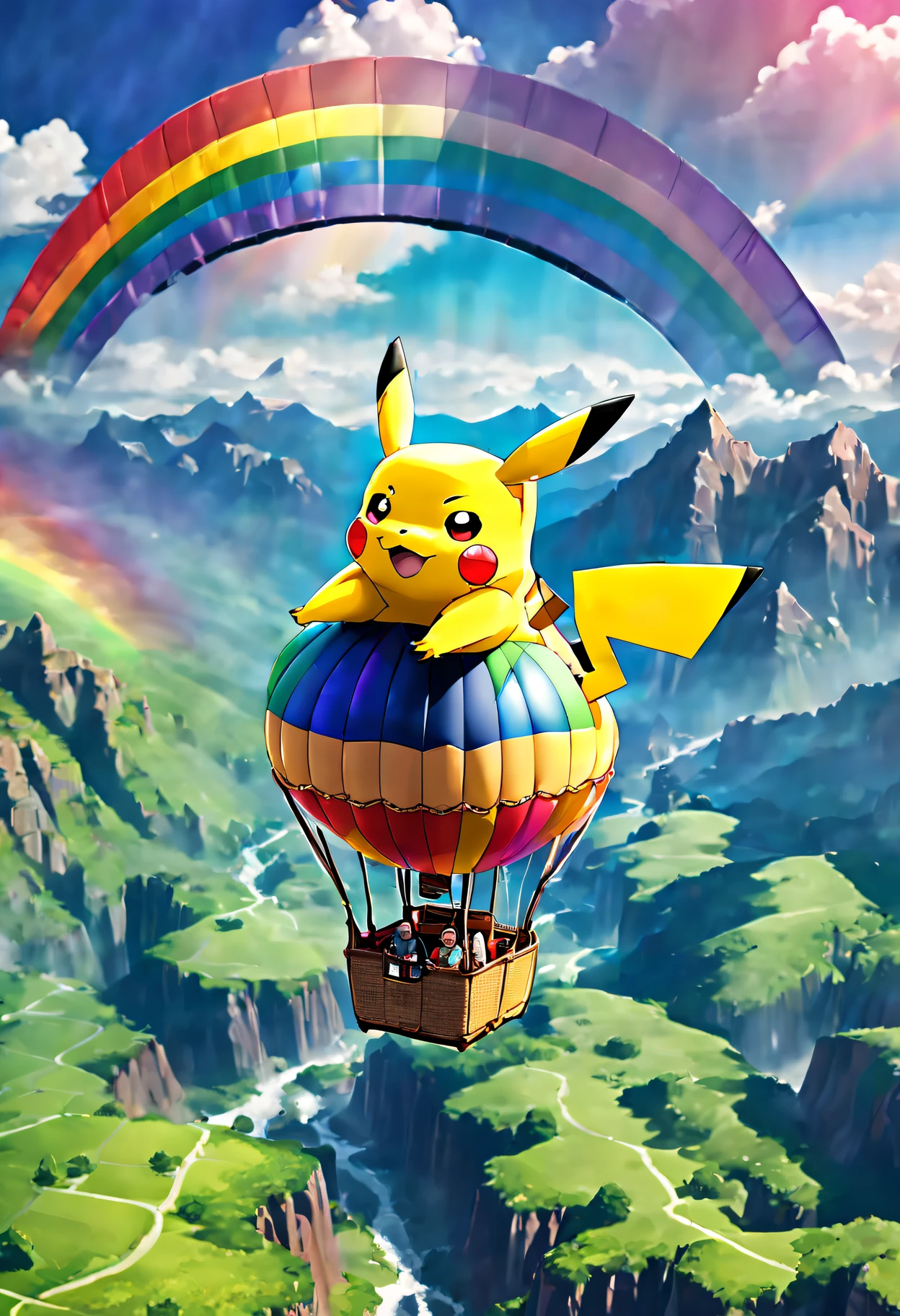 (Pikachu flies over the mountains in a giant rainbow-colored hot air balloon:1.6), [Aerial view], [From above], Photographed in [Large format], [Fujifilm Color Pro], In [Miles Aldrich（Miles Aldrich）style of], (Best quality,4K,8K,A high resolution,Masterpiece:1.2), [Ultra-detailed], [Realistic:1.37], [Vibrant colors], [Bokeh effect], [dreamlike lighting], [enchanting landscape]