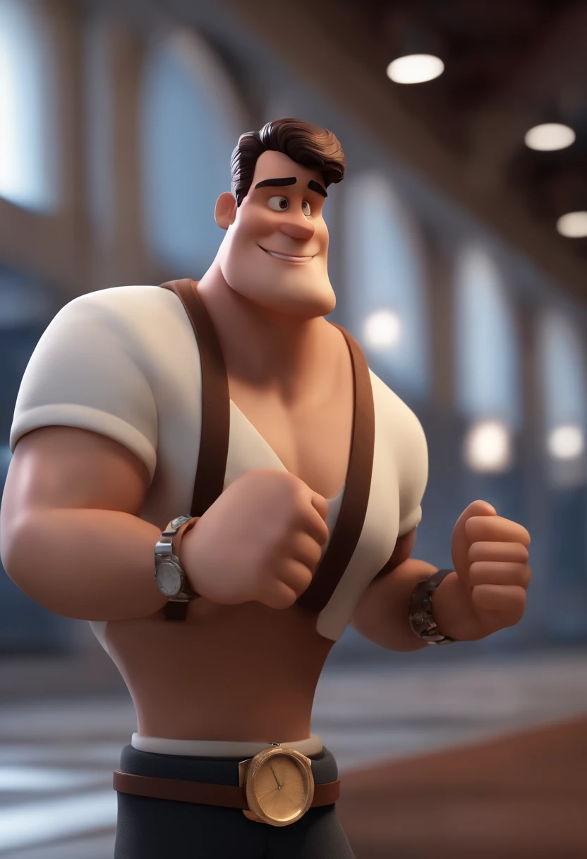 Cartoon character of a dark brunette man wearing white shirt and black pants, silver watch, rosto quadrado, um personagem animado, Caractere estilizado, animation style rendering, 3D estilizado, Arnold Maya render, 3 d render stylized, toon render keyshot, Personagem 3D, Personagem 3D, 3d rendering stylized, 3 d character render, personagem de desenho animado, Personagem de close up, Pose de personagem, (Estilo Pixar) (master part:1.2) (Bokeh) (best quality) (pele detalhada) (textura detalhada) (8k) (argila) (Cinematic lighting) (foco nítido，Senta e vaza a parte superior do corpo