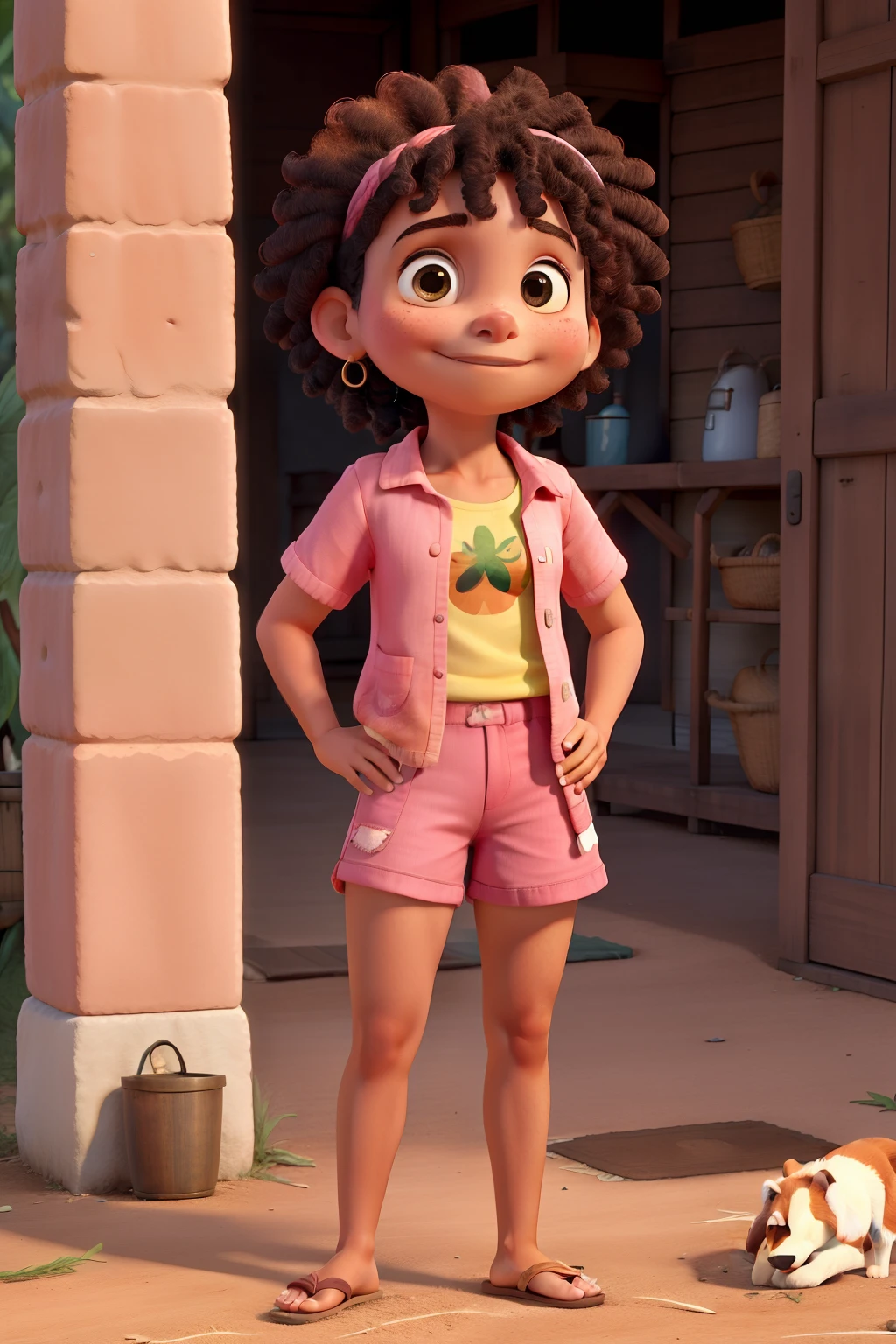 Menina cabelo liso ondulado, with indigenous traits, with pink blouse and shorts and flip-flops with 4 pincher dogs