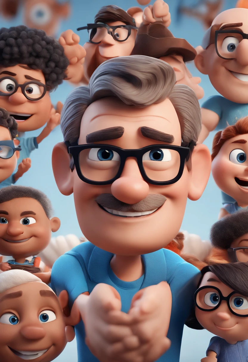 Cartoon character of a man with black glasses and a blue shirt, animation character, Caractere estilizado, animation style rendering, 3D estilizado, Arnold Maya render, 3 d render stylized, toon render keyshot, Personagem 3D, Personagem 3D, 3d rendering stylized, 3 d character render, personagem de desenho animado, Personagem de close up, Pose de personagem,  (Estilo Pixar) (master part:1.2) (Bokeh) (best quality) (pele detalhada) (textura detalhada) (8k) (argila) (Cinematic lighting) (foco nítido