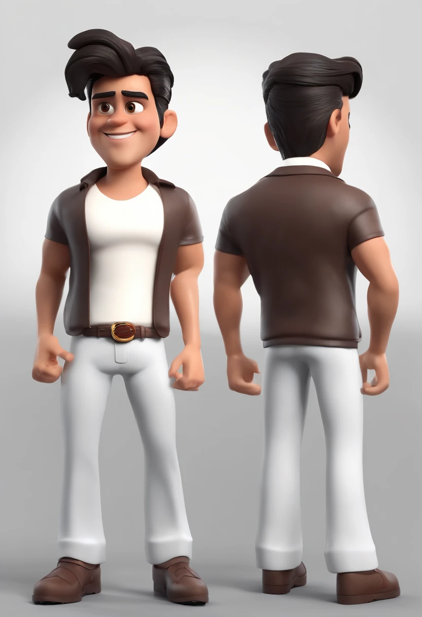 Cartoon character of a dark brunette man wearing white shirt and black pants, silver watch, rosto quadrado, um personagem animado, Caractere estilizado, animation style rendering, 3D estilizado, Arnold Maya render, 3 d render stylized, toon render keyshot, Personagem 3D, Personagem 3D, 3d rendering stylized, 3 d character render, personagem de desenho animado, Personagem de close up, Pose de personagem, (Estilo Pixar) (master part:1.2) (Bokeh) (best quality) (pele detalhada) (textura detalhada) (8k) (argila) (Cinematic lighting) (foco nítido，Senta e vaza a parte superior do corpo