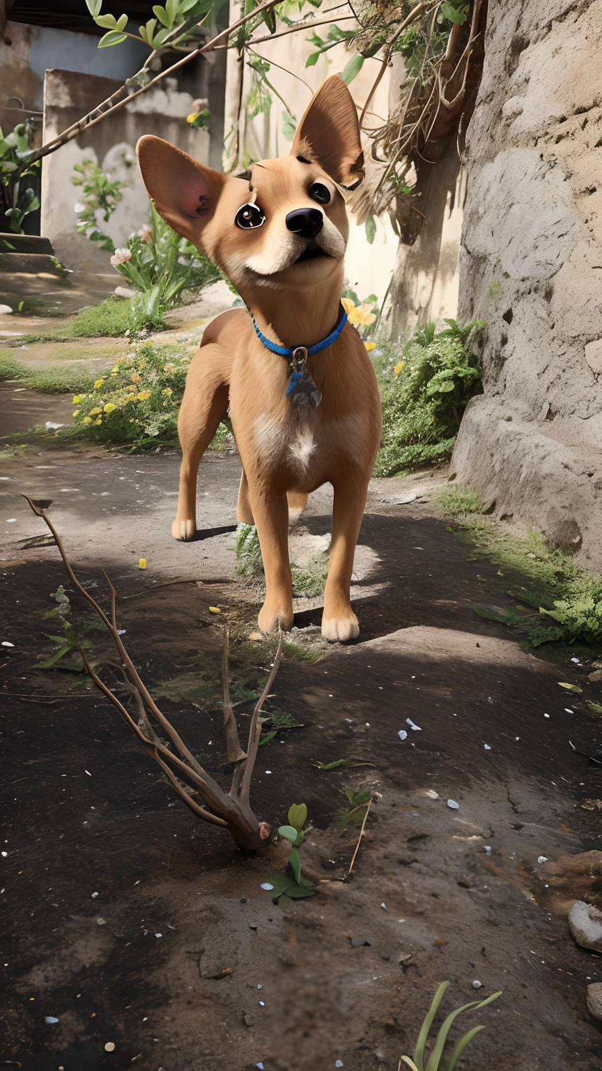 Cachorro da cor caramelo, ao sol com olhar atento e com flores ao fundo