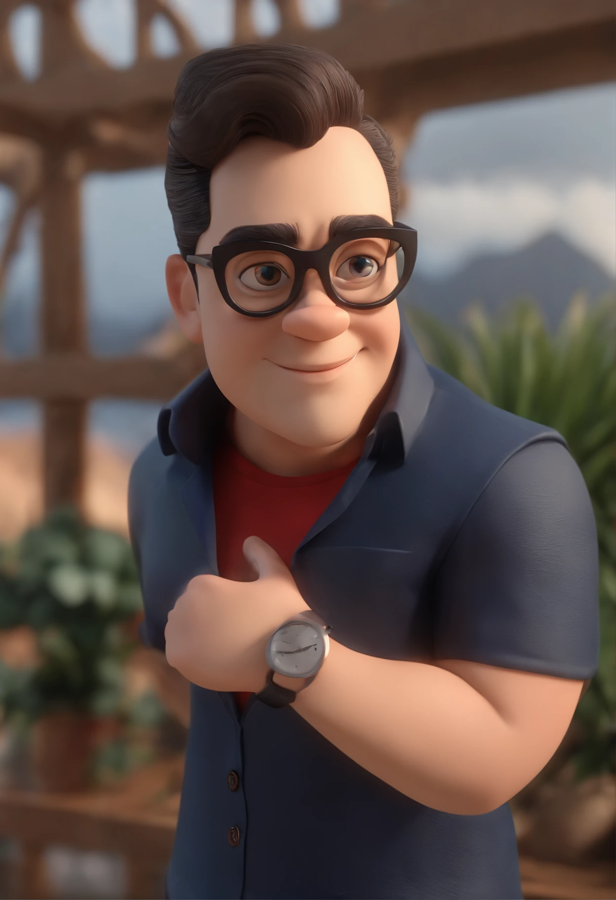 Cartoon character of a man wearing black glasses and a blue shirt, um personagem animado, Caractere estilizado, animation style rendering, 3D estilizado, Arnold Maya render, 3 d render stylized, toon render keyshot, Personagem 3D, Personagem 3D, 3d rendering stylized, 3 d character render, personagem de desenho animado, Personagem de close up, Pose de personagem, (Estilo Pixar) (master part:1.2) (Bokeh) (best quality) (pele detalhada) (textura detalhada) (8k) (argila) (Cinematic lighting) (foco nítido，Senta e vaza a parte superior do corpo