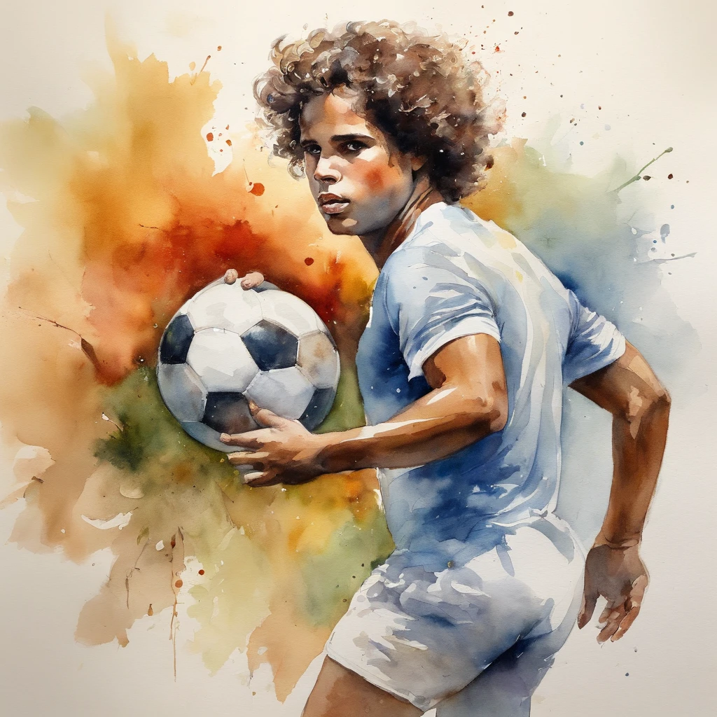 (um jovem jogando futebol com grande energia e habilidade), cabelo no estilo Jim Morrison
