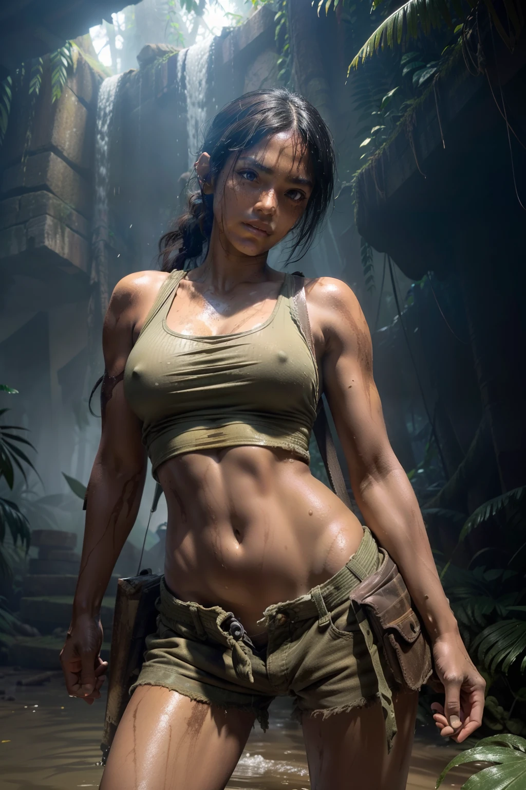 Tank top, Shorts, Black hair, (ancient ruin:1.1),Adventurous woman, (Avoid traps:1.1), Pistol holder on the thigh, Khaki backpack, hair tied, dense woods, subtropical, machete, Treasure Hunter, Fuji Film, F/1.2, (16 K, 8K, awardwinning, Best Quality, hight resolution, high details, Super Detail, Anatomically correct, Textured skin, masutepiece:1.4, nffsw),Whole body mud stains,Rugged look,caves,Treasure Bag,Multifunction watch,(Feeling nervous and elated:1.2),A scene from an action movie,Bathing in the Amazon River,Poses in motion,Action Actress,scrapes