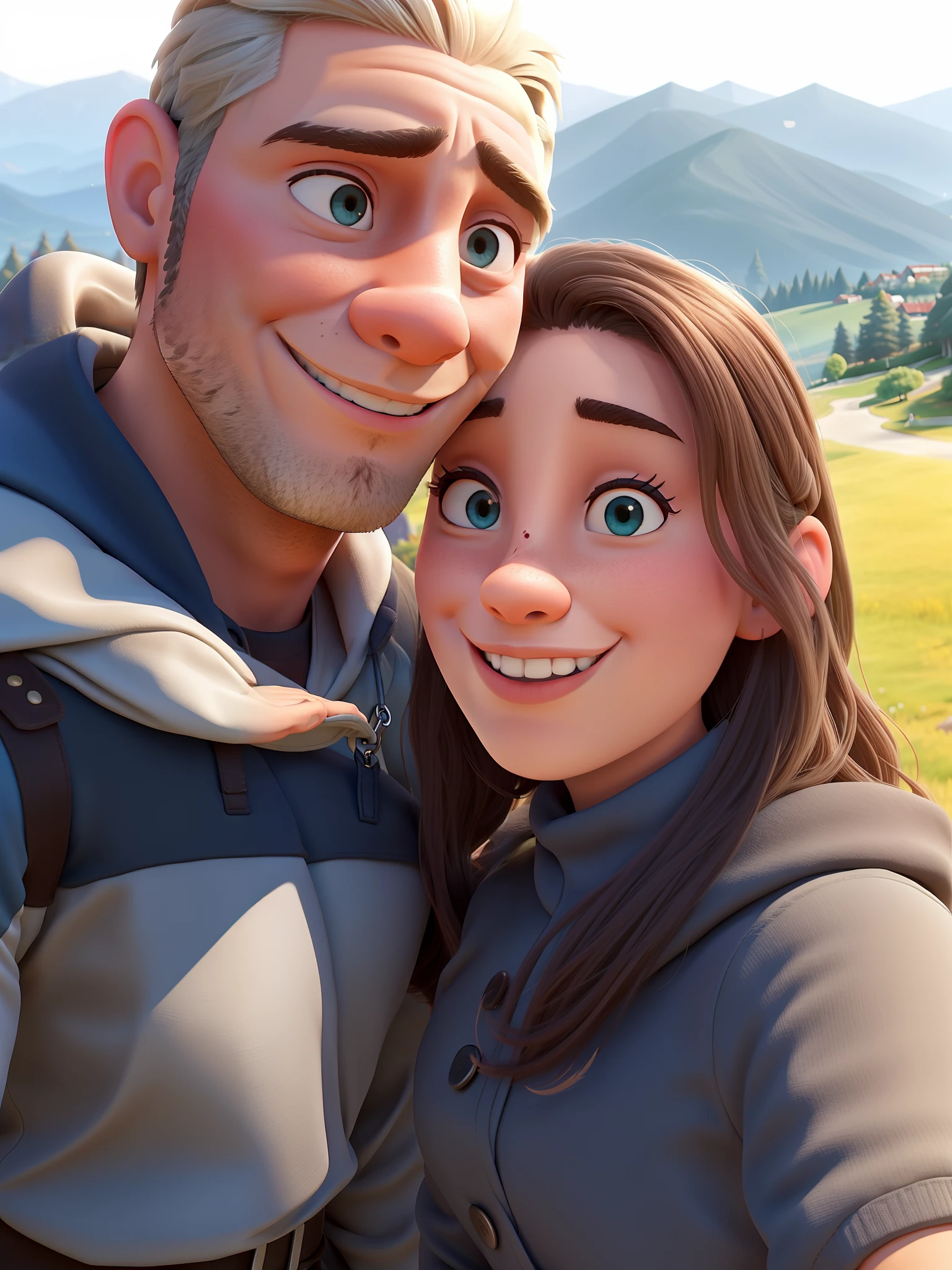 there is a man and woman taking a selfie in the park, com montanhas ao fundo, com montanhas no fundo, Jordan Grimmer e Natasha Tan, Tyler Edlin e Natasha Tan, Thomas Anthony e Malika Favre, com montanhas como pano de fundo, Montanhas ao fundo, the alps are in the background, nas montanhas