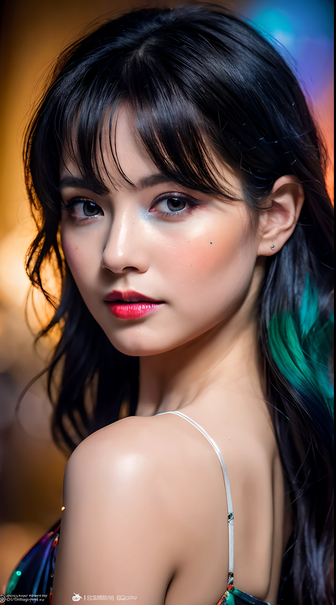 {{​masterpiece}}, Better Quality, Highly detailed 8k unit CG wallpapers, Cinematography lighting, lens flares, Beautiful detail eyes, black, Side Look, multicoloured hair, Colorful Lights, Particulates, heterochromia, (Coloring: 1.5), (Gorgeous hair: 1.5), angry,