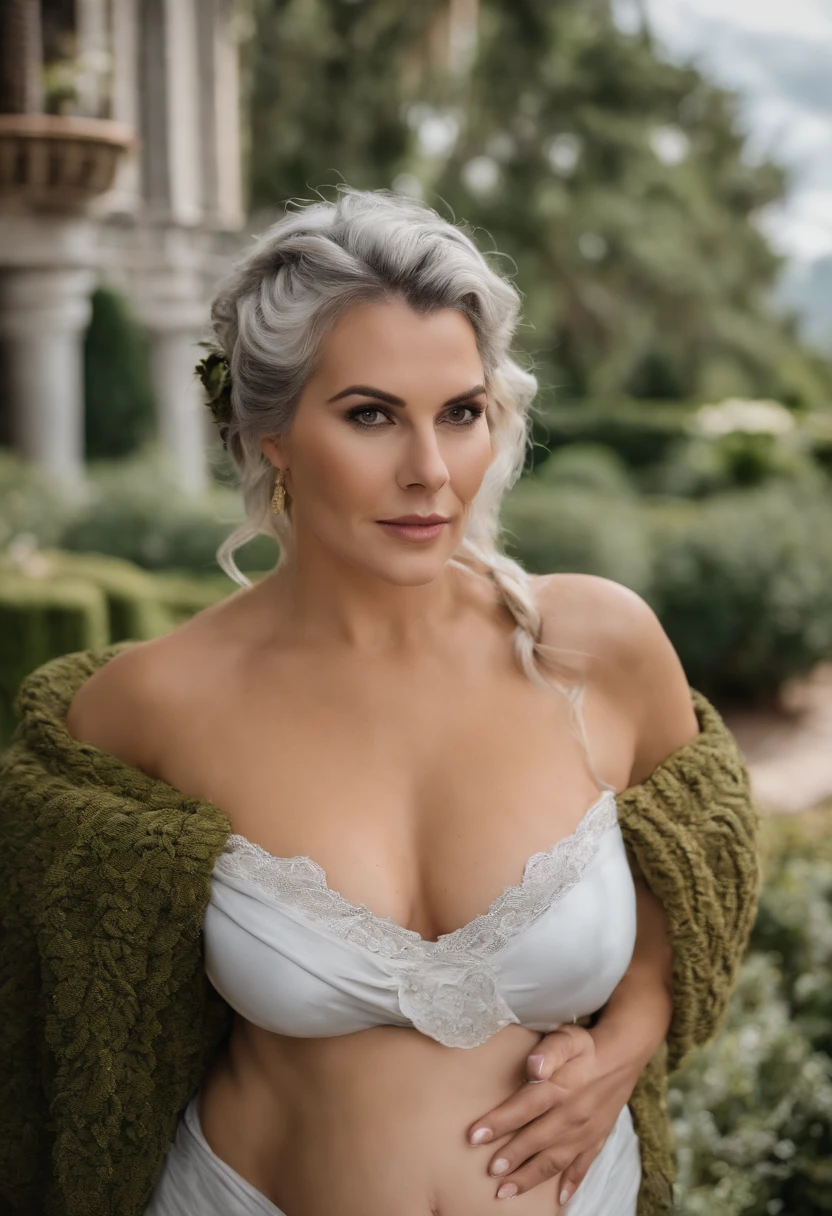 portrait of a hourglass shaped elf with (long white hair behind ear, straight bangs), (necklace, earrings), (glowing eyes, green eyes), (seductive smile:1.3), eye contact, (black embroidered lingerie), cleavage, close to a window, sitting on a chair crossed-leg, bedroom, (morning), god rays, ray tracing, best quality, 16k, masterpiece