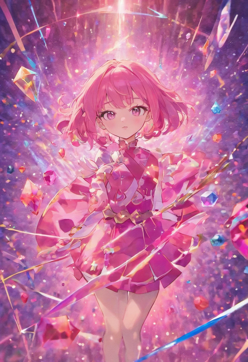 A pink book cover, a prismatic jewel, a symbol around the jewel, half and half, a jewel half pink and half red, a conceptual cover, a minimalist cover, with a clear sense of joy, pink glitter