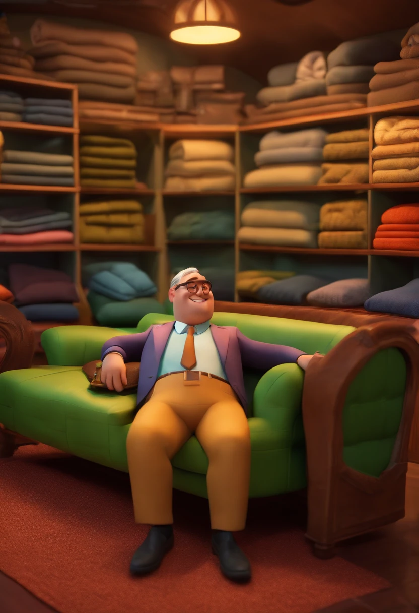Businessman Inside Sofa and Mattress Store Happy Disney Pixar 3D Effect
