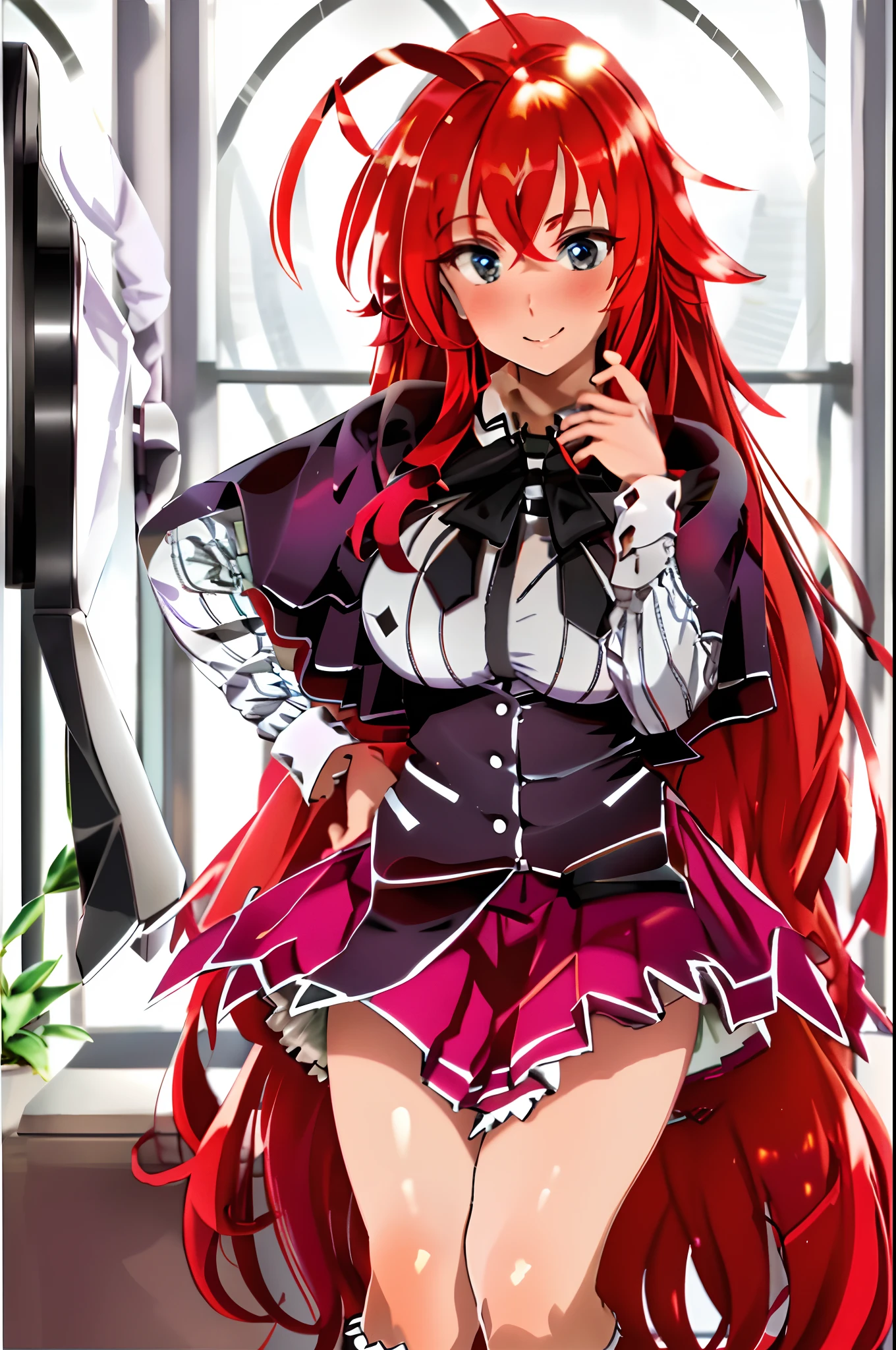 Himeko, 1girl, solo, ((white shirt)), black thighhighs, breasts, cleavage, blushing, uniform, office background, black skirt, ((pleated skirt)), office, hair between eyes, large breasts, long hair, looking at viewer, red hair, red short nails, golden eyes, solo, thighhighs, thighs, very long hair, ((masterpiece)), sitting, chair, desk, computer on desk, name tag, id tag, indoor, smile, ((blush)), shy, sexy pose,
