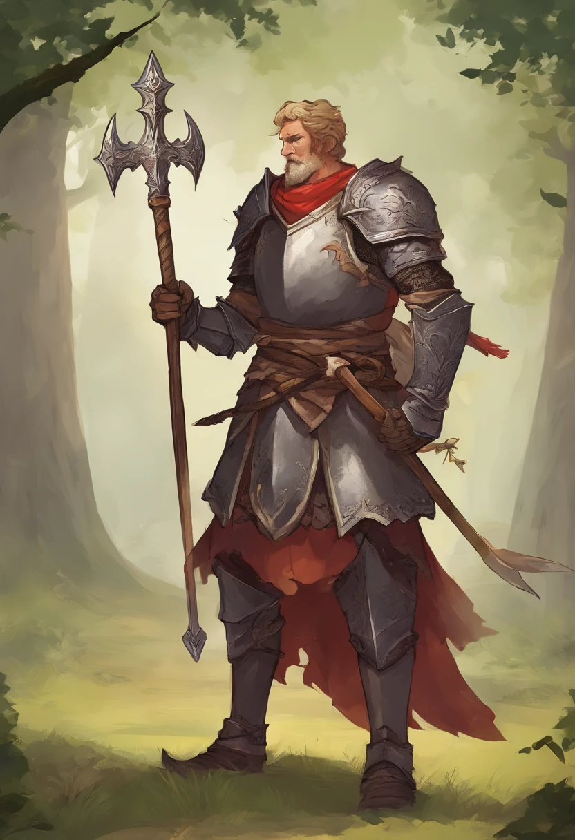 "Desenhe um cavaleiro medieval corajoso e imponente, com sua armadura reluzente e elmo adornado. He holds a sharp sword in his right hand and a shield with the crest of his lineage in his left. The knight stands on an ancient battlefield, With debris and smoke in the background, showing his determination to protect his kingdom. Make sure your expression conveys confidence and nobility. This knight will be the main character of a story of courage and adventure."