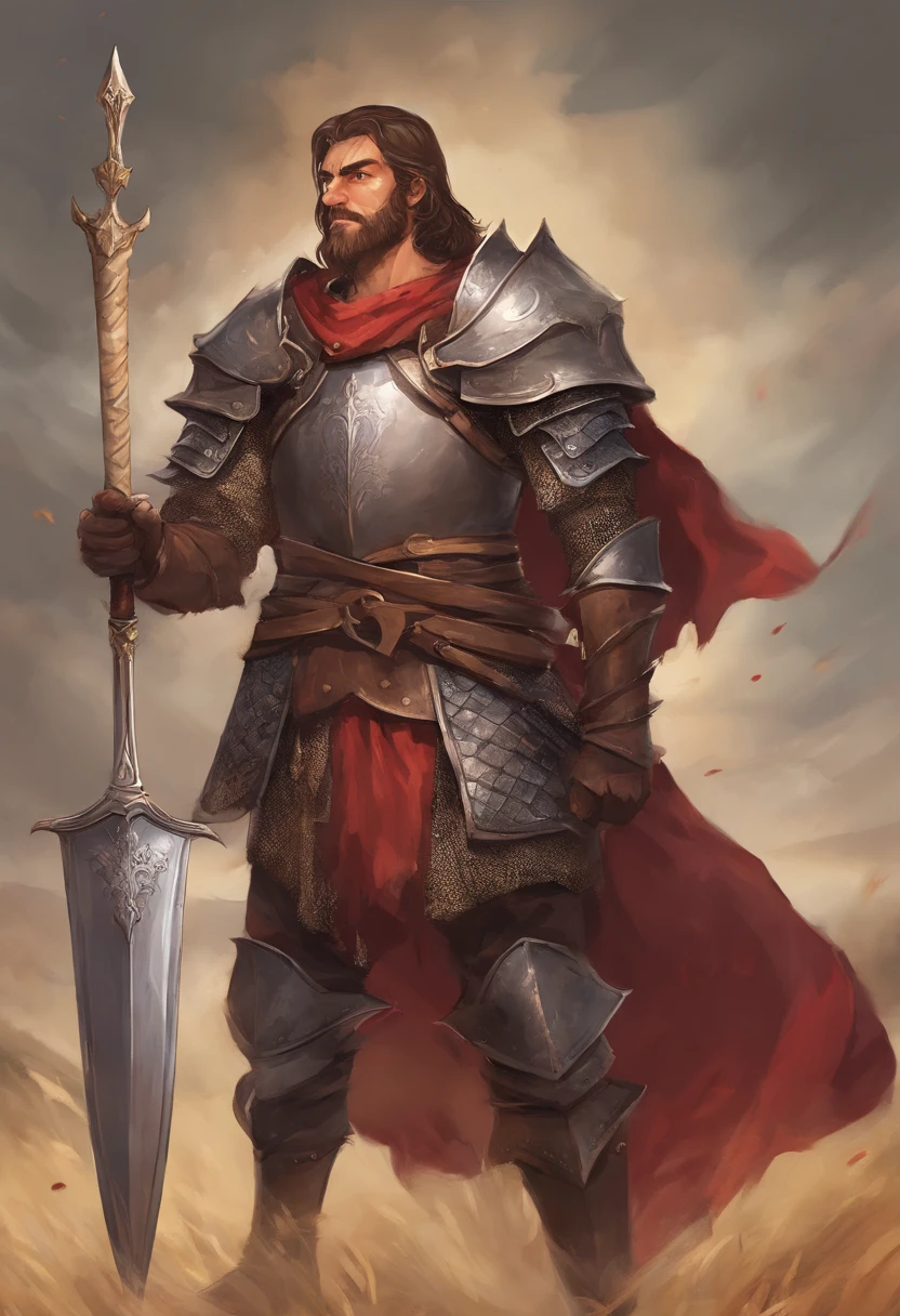 "Desenhe um cavaleiro medieval corajoso e imponente, com sua armadura reluzente e elmo adornado. He holds a sharp sword in his right hand and a shield with the crest of his lineage in his left. The knight stands on an ancient battlefield, With debris and smoke in the background, showing his determination to protect his kingdom. Make sure your expression conveys confidence and nobility. This knight will be the main character of a story of courage and adventure."