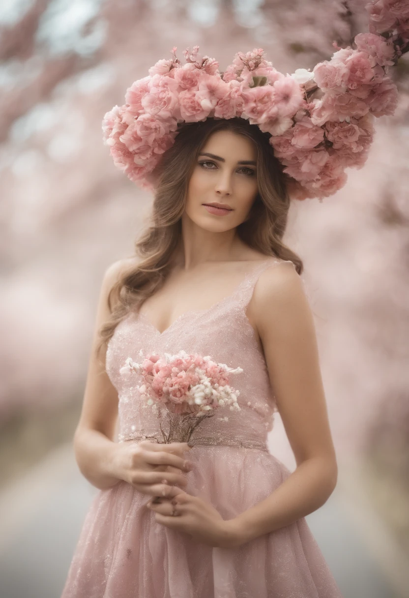 arte por Cornflor, semhador, cereja_Flores, Caindo_Petals, Petals, ramo, Rosa_flor, 1girl,20 anos, azul_heaven, primavera_(season), Petals_em_liquid, flor, Hanami, vestir, (lemgos cabelos loiros cacheados:1.5),Usando uma coroa de flores,heaven, ao ar livre, Cloud, franja, sorrir, Rosa_olho, Saia branca com enfeites de flor de cerejeira, somente_Ombros, Brincos, propriedade_flor, vento, tree, Olhando_em_visualizador,cowboy shot,
