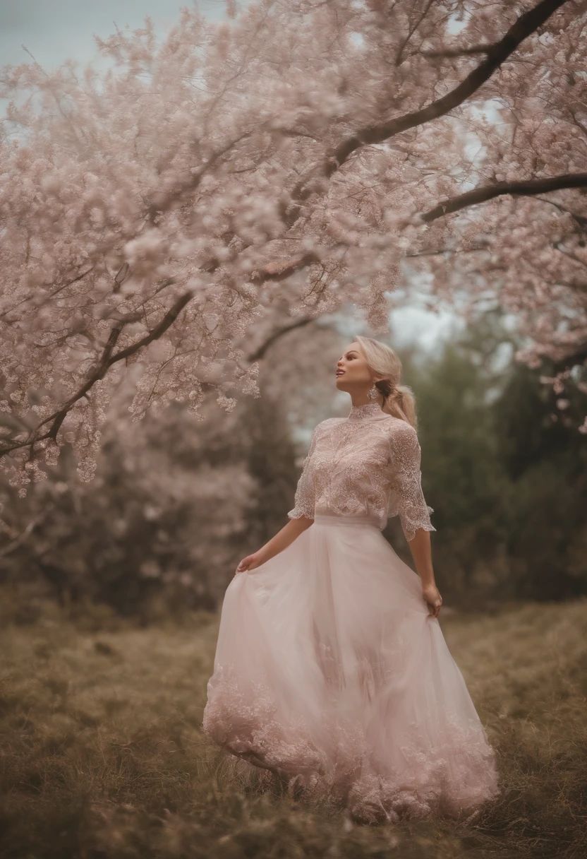 Mujer, joven, de piel bronceada, ucraniana, vestida con un vestido blanco, walking through a snowy garden