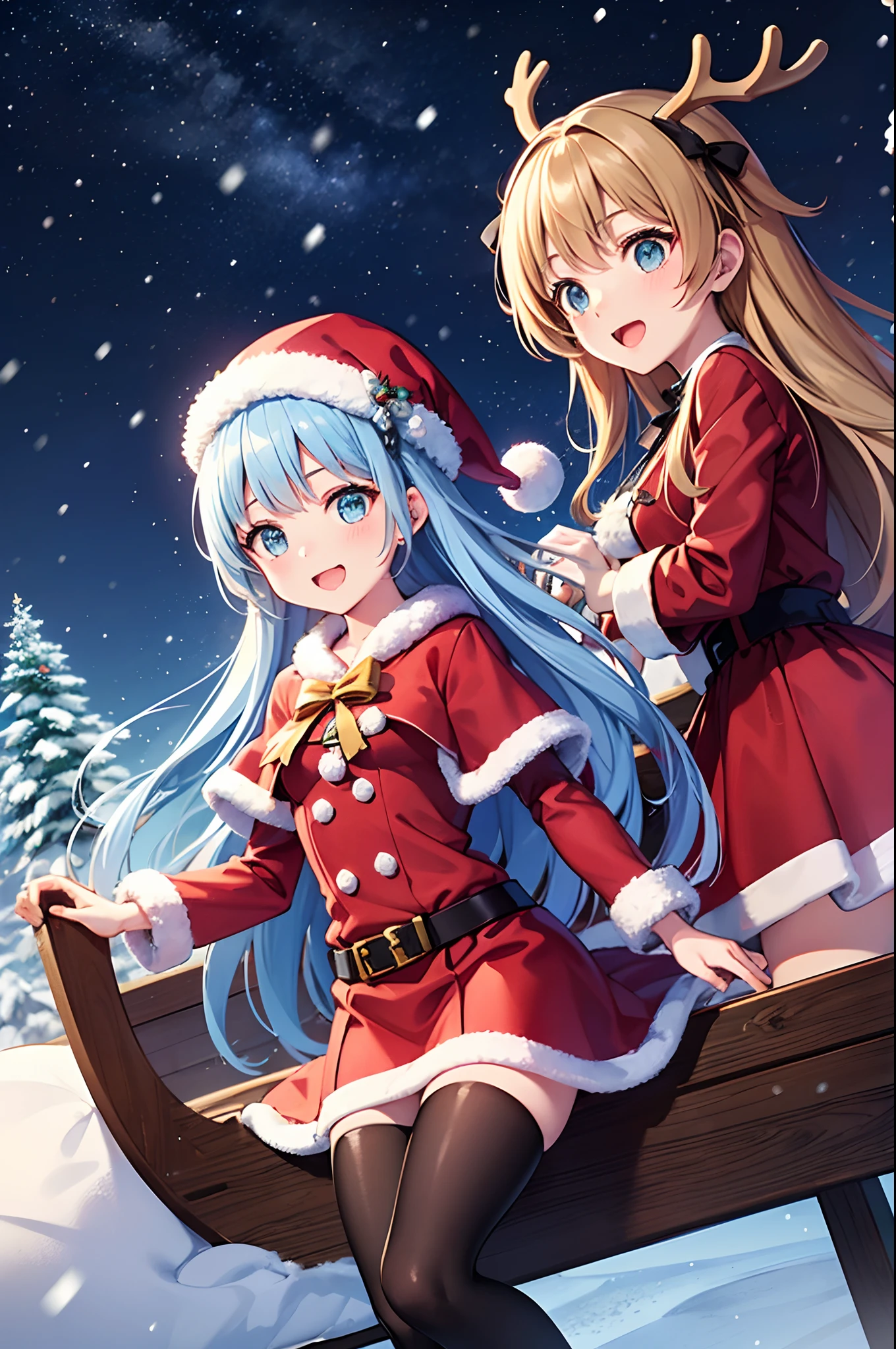 Super Idol　Pretty girl　Light blue long hair　Twin-tailed　Cute Santa Claus costumes　snow country　Ride a reindeer sleigh　Flying in the night sky　It's snowing(Some photos)