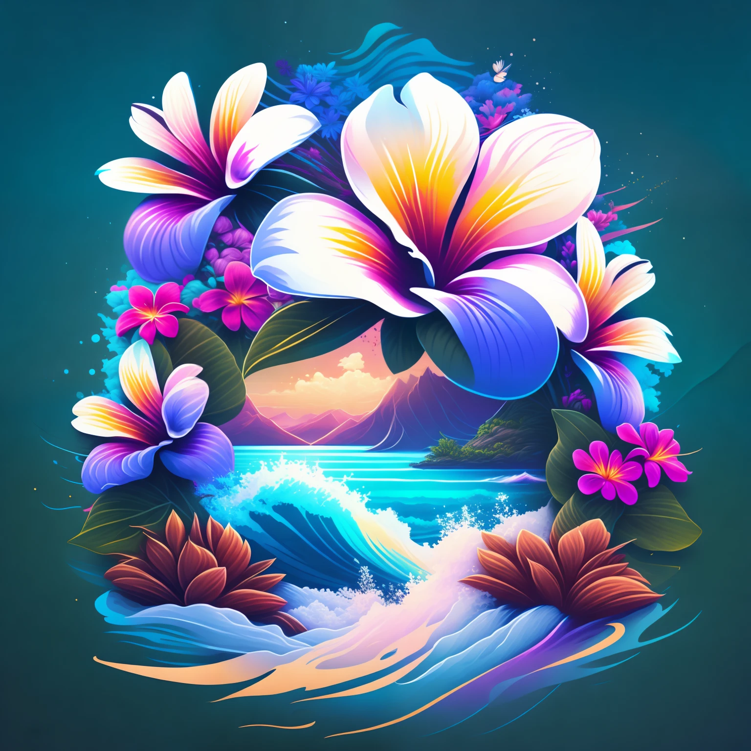Hawaiian background and abundant plumeria flowers, splash art, t-shirt design, midjourney, vector art, hydro74, 8 colors