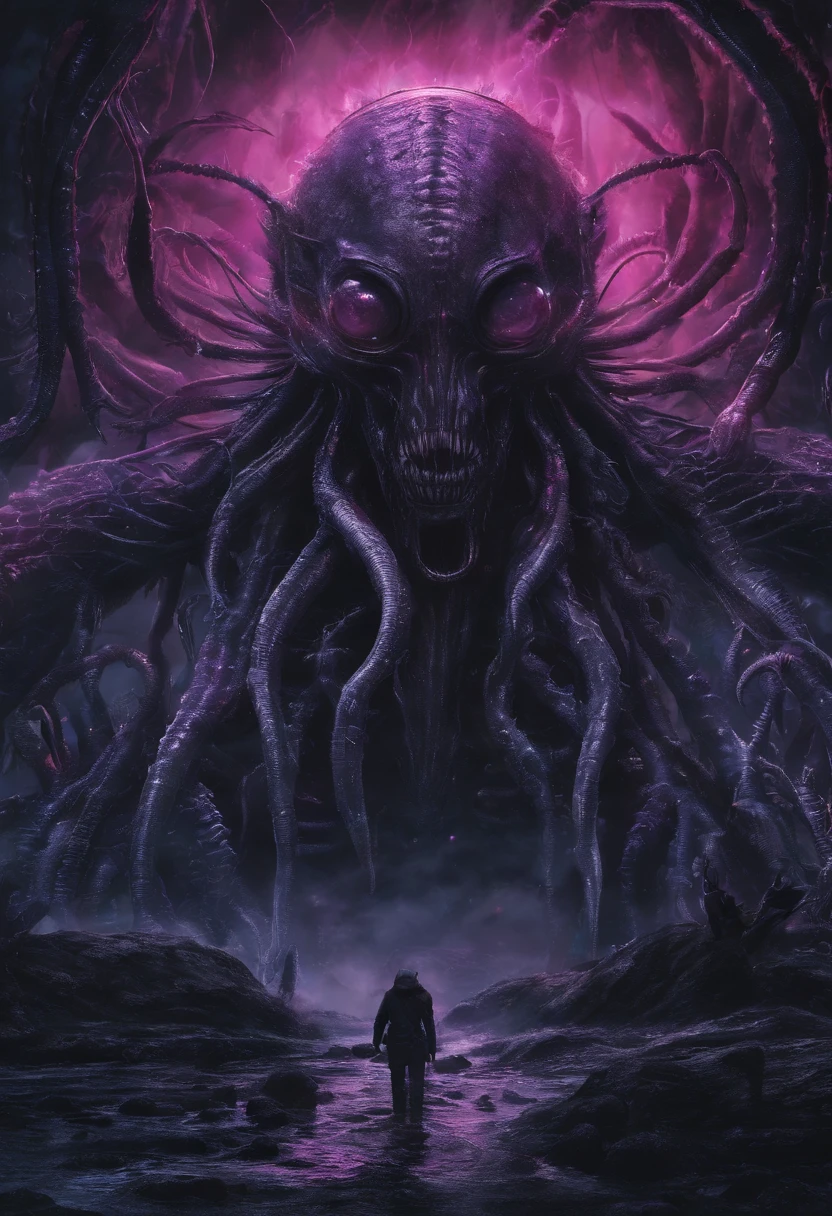 dark alien giger inspired landscape of dark oozing liquid tentacles and floating alien textured orbs, lovecraftian,visceral,nightmare,tentacles,dreadful humanoid,imagination,fantastical,dramatic,dark tones,paranormal,macro lens,surreal juxtaposition,lovecraftian,cosmic horror,horror,c'thulhu, warrio rfacing a giantic monster with neon ligths, xyberpunk, big swords, alien, futuristic,
