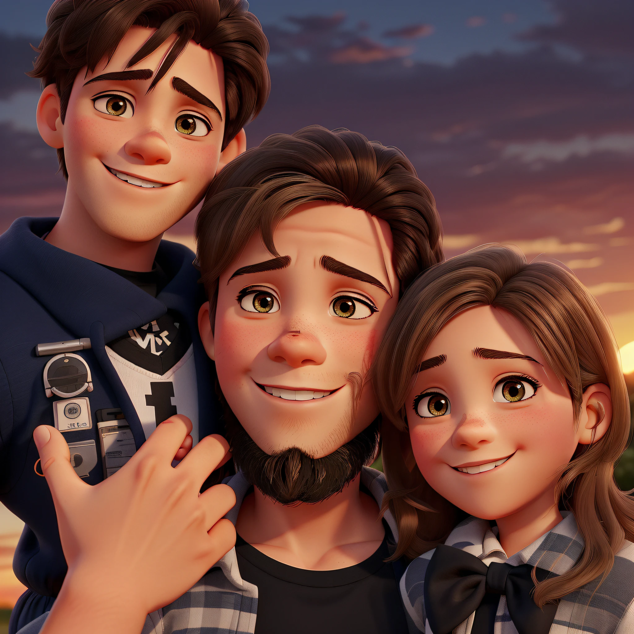 A beautiful family: on the left is an 8--old , de olhos fechados sorrindo, no meio um pai com cabelo cacheado e barba sorrindo, and on the right a beautiful girl of 09 years oall have a realistic expression. O estilo da imagem deve ser Pixar Disney. A sunset in the background completes the picture