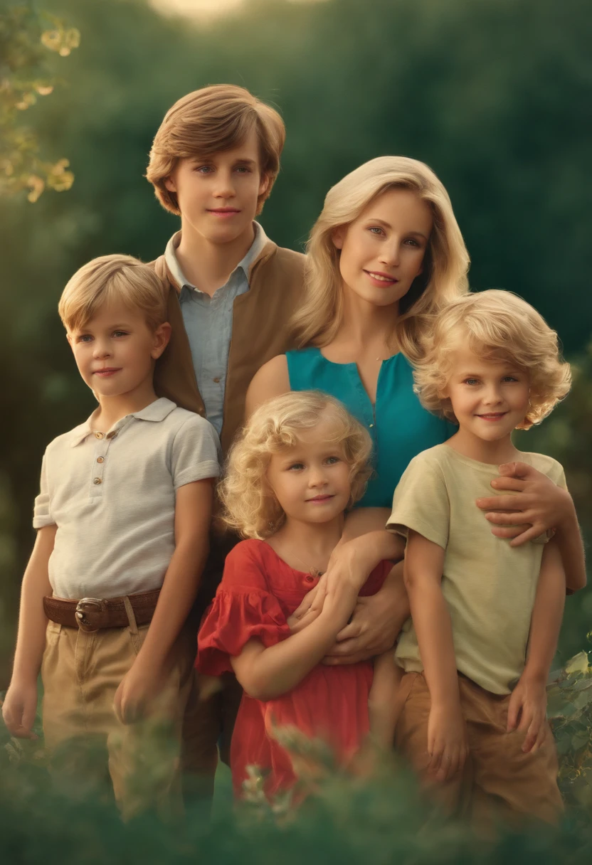 A 28-year-old woman with three children, blonde with big straight hair, with three children, a boy with short hair, blonde, an -year-boy w medium straight brown hair, a six-year-oldy wihort r with bangs