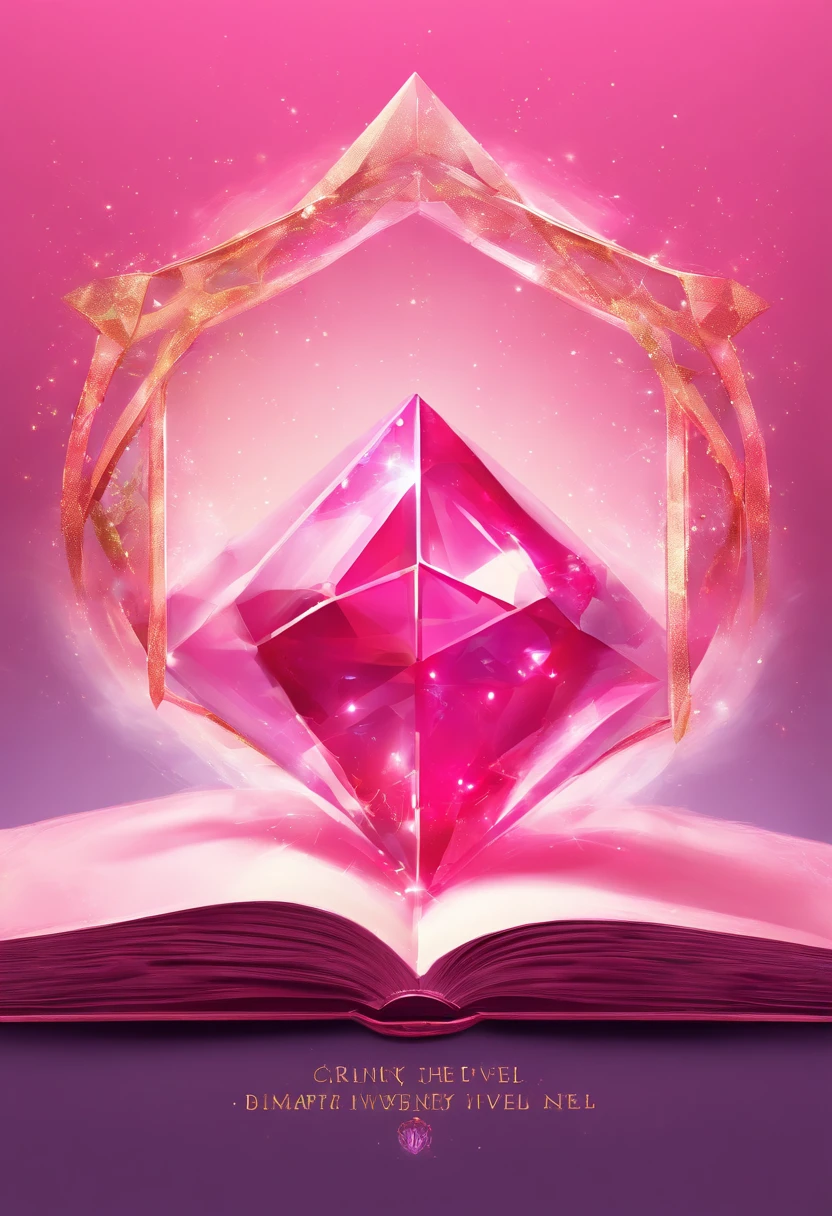 A pink book cover, a prismatic jewel, a symbol around the jewel, half and half, a jewel half pink and half red, a conceptual cover, a minimalist cover, with a clear sense of joy, pink glitter