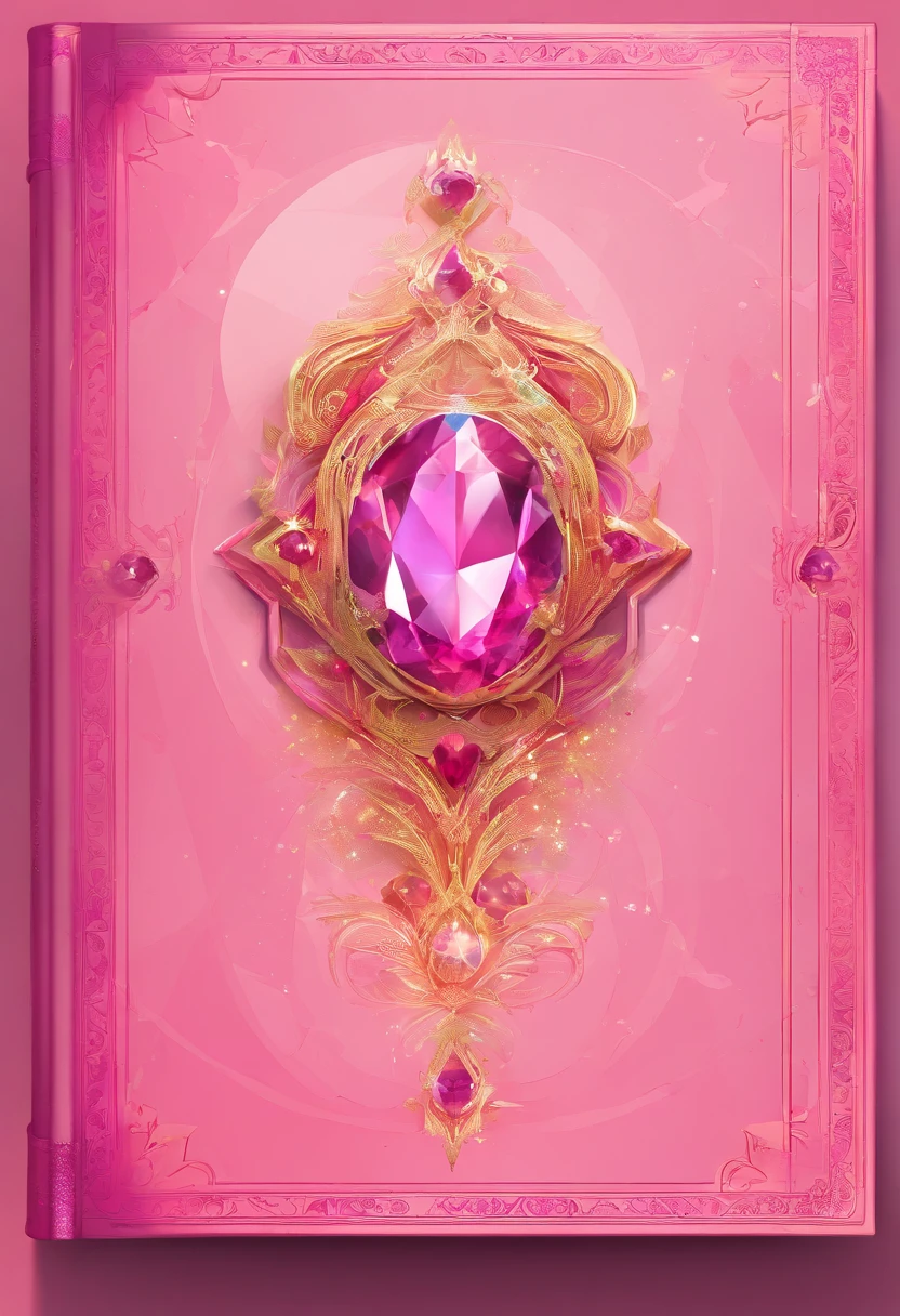 A pink book cover, a prismatic jewel, a symbol around the jewel, half and half, a jewel half pink and half red, a conceptual cover, a minimalist cover, with a clear sense of joy, pink glitter