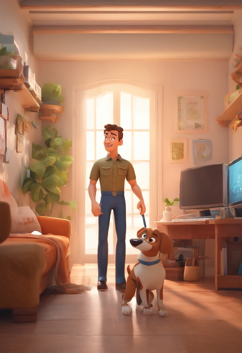 An illustration of father and son, Highlight for a brunette man with beautiful expressive eyes – the man's skin is brown and the man's hair is military and black. The son is blond, are in a bright room, com um sorriso no rosto, e compartilhar um momento especial caracterizado pelo amor, Insights. Illustrate this scene from a perspective where they are facing the camera, Smiling and Showing Your Connection. Desenvolva esta arte em Full HD, Focus on your cinematic touch, Estilo Disney Pixar Animations