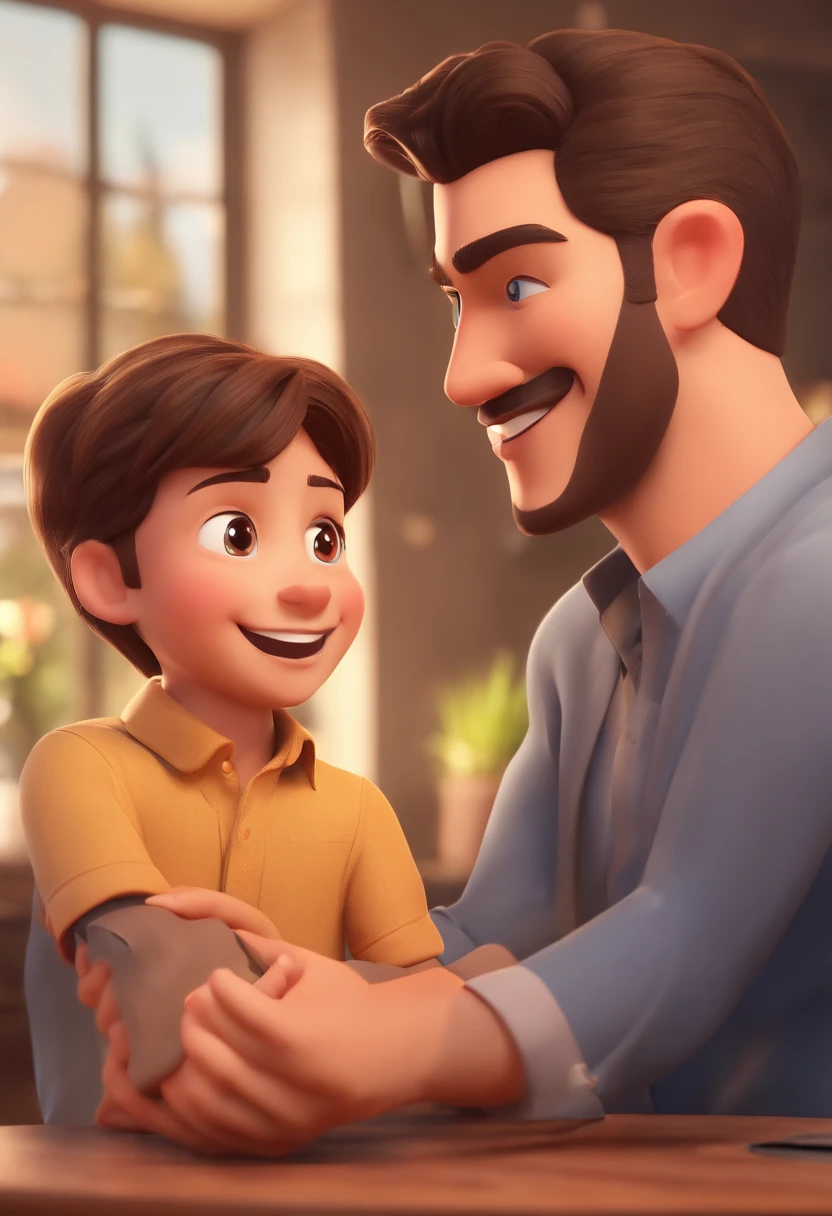 An illustration of father and son, Highlight for a brunette man with beautiful expressive eyes – the man's skin is brown and the man's hair is military and black. The son is blond, are in a bright room, com um sorriso no rosto, e compartilhar um momento especial caracterizado pelo amor, Insights. Illustrate this scene from a perspective where they are facing the camera, Smiling and Showing Your Connection. Desenvolva esta arte em Full HD, Focus on your cinematic touch, Estilo Disney Pixar Animations
