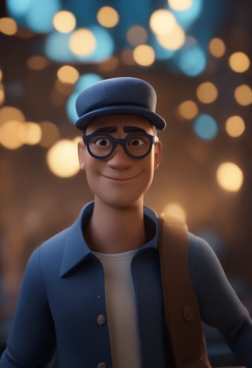 Cartoon character of a man wearing black glasses and a blue shirt, um personagem animado, Caractere estilizado, animation style rendering, 3D estilizado, Arnold Maya render, 3 d render stylized, toon render keyshot, Personagem 3D, Personagem 3D, 3d rendering stylized, 3 d character render, personagem de desenho animado, Personagem de close up, Pose de personagem, (Estilo Pixar) (master part:1.2) (Bokeh) (best quality) (pele detalhada) (textura detalhada) (8k) (argila) (Cinematic lighting) (foco nítido,Senta e vaza a parte superior do corpo
