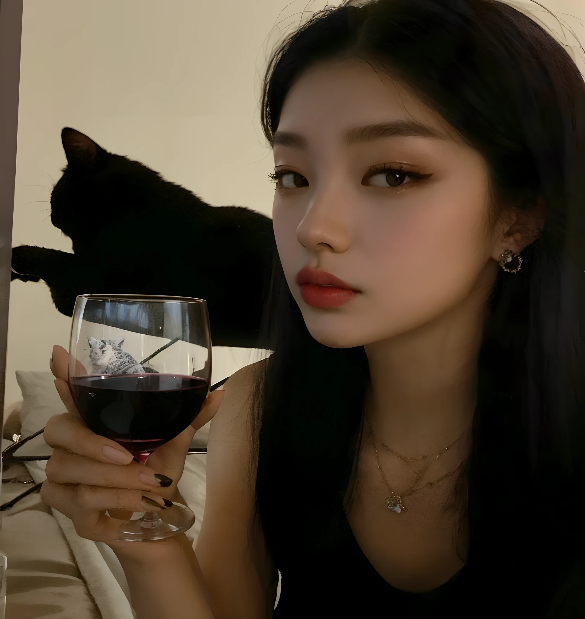 There's a woman holding a glass of wine with a cat in the background, she holds a glass of wine, jennie blackpink, Bae Suzy, beber vinho, Jaeyeon Nam, Jinyoung Canela, cruel korean goth girl, com preto, com uma bebida, Ulzzang, Heonhwa Choe, jossi do blackpink, TaeJune Kim, holding glass of wine