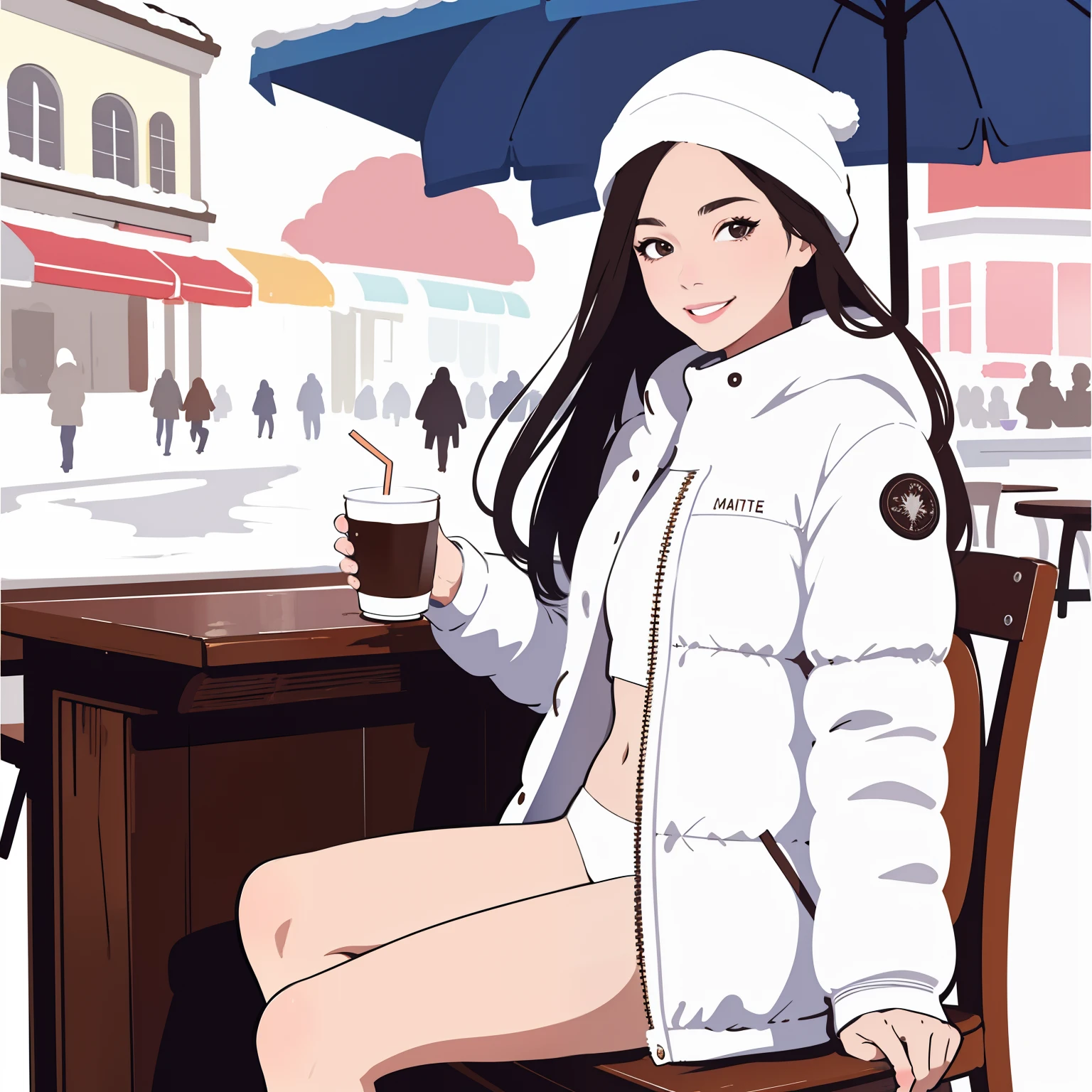 (masterpiece:1.2, best quality), 1girl, young teen, slim, white down jacket, white panties, long hair, smile, sitting in street cafe, drink coffee, winter, snow, white, bright, watercolor