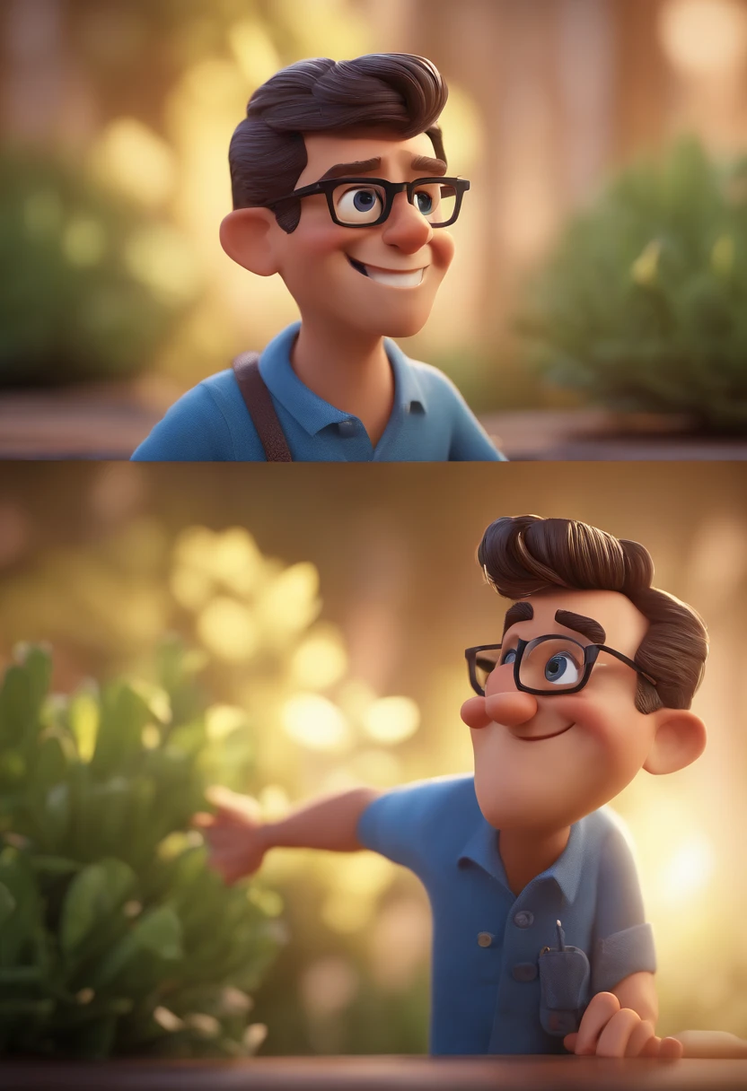 Cartoon character of a man with black glasses and a blue shirt, animation character, Caractere estilizado, animation style rendering, 3D estilizado, Arnold Maya render, 3 d render stylized, toon render keyshot, Personagem 3D, Personagem 3D, 3d rendering stylized, 3 d character render, personagem de desenho animado, Personagem de close up, Pose de personagem, (Estilo Pixar) (master part:1.2) (Bokeh) (best quality) (pele detalhada) (textura detalhada) (8k) (argila) (Cinematic lighting) (foco nítido