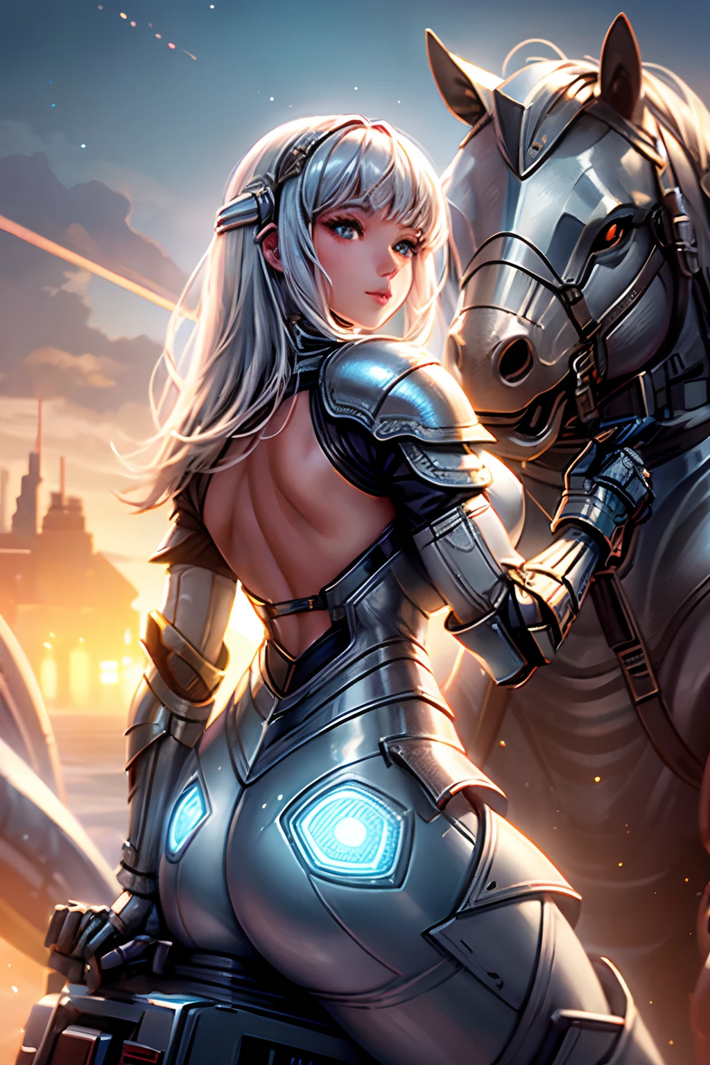 Top quality, ultra high resolution, (photorealistic: 1.4), jumpsuit, sci-fi space background, circuit plate mail, big breasts, back arms, realistic world, outdoors, light hair, armour, space, knight, robot horse, white hair, 1girl,